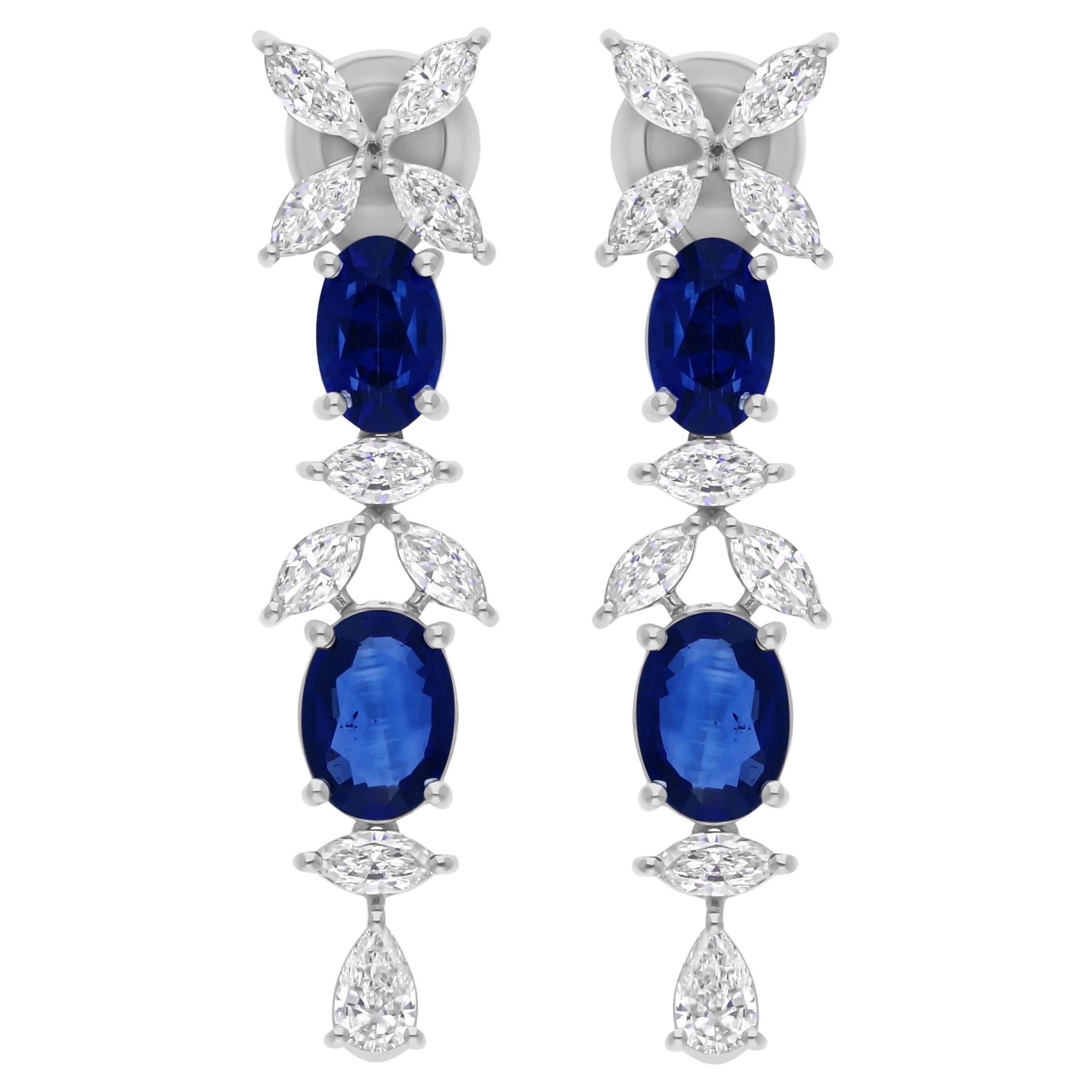 Zaffiro blu autentico SI/HI Diamante vero Orecchini lunghi a goccia in oro bianco massiccio 14k
