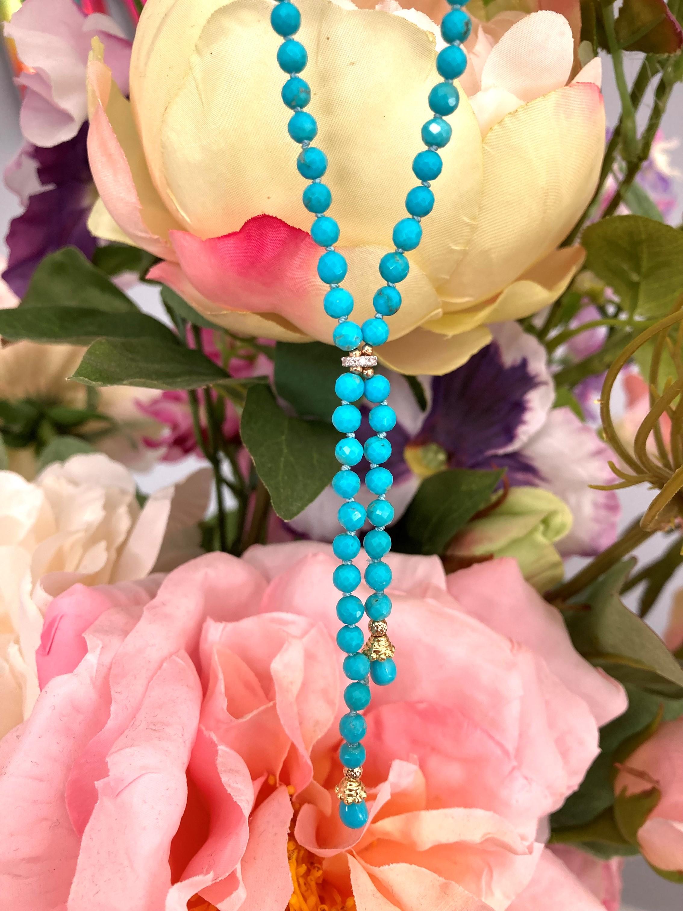Women's or Men's Opera Length Sleeping Beauty Turquoise Diamond Yellow Gold Necklace
