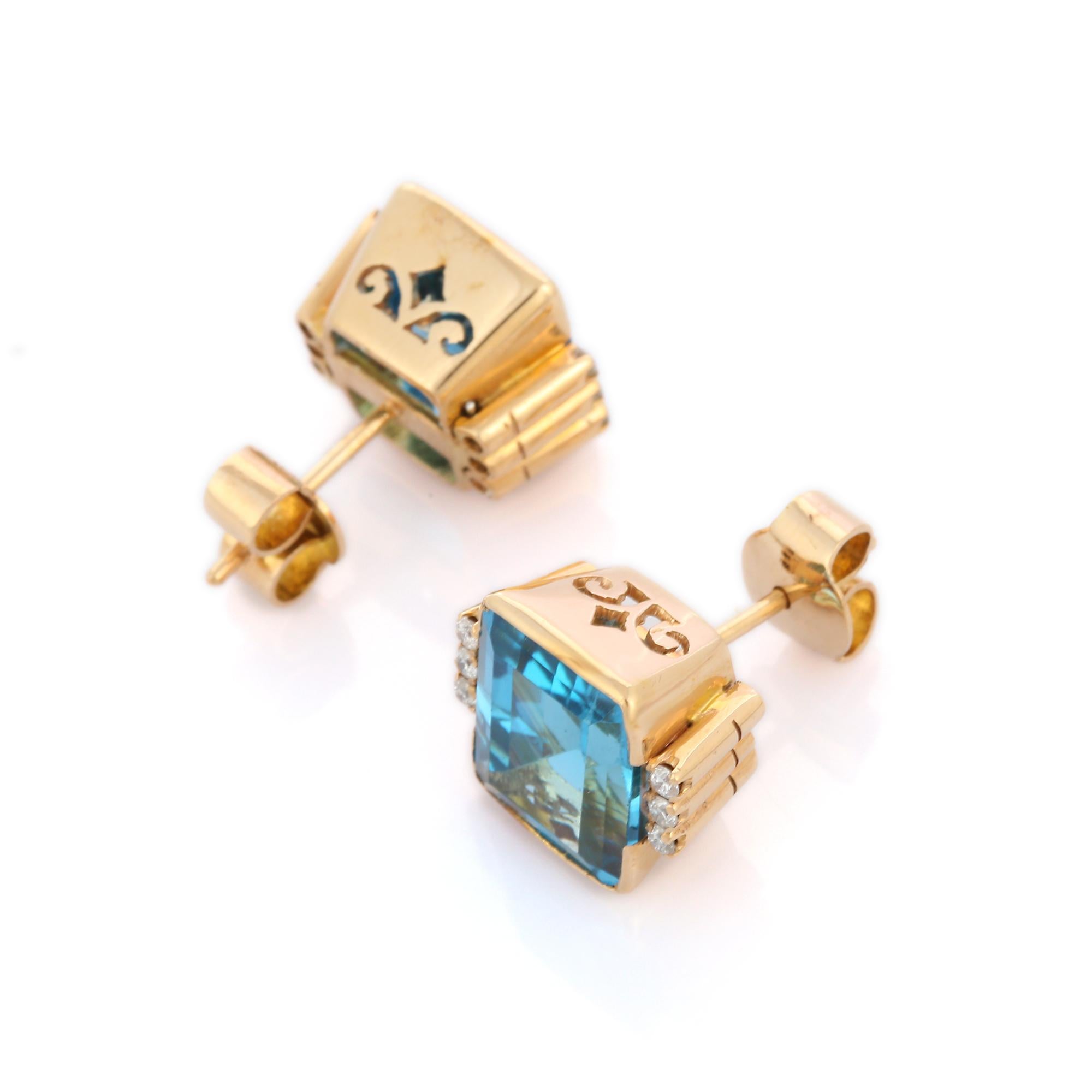 Studs create a subtle beauty while showcasing the colors of the natural precious gemstones and illuminating diamonds making a statement.

Octagon cut blue topaz studs with diamonds in 18K gold. Embrace your look with these stunning pair of earrings