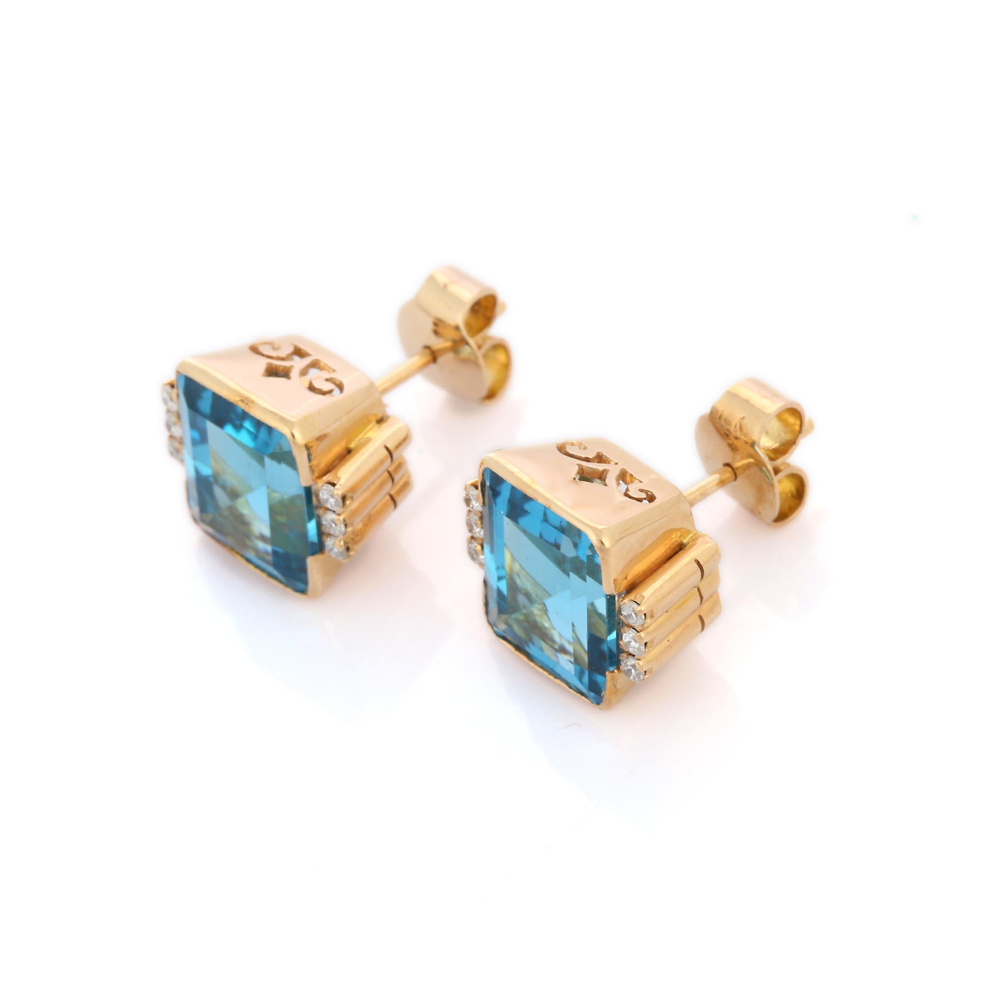 Cushion Cut Genuine Blue Topaz 15.15 Ct Stud Earrings with Diamonds in 18K Yellow Gold For Sale