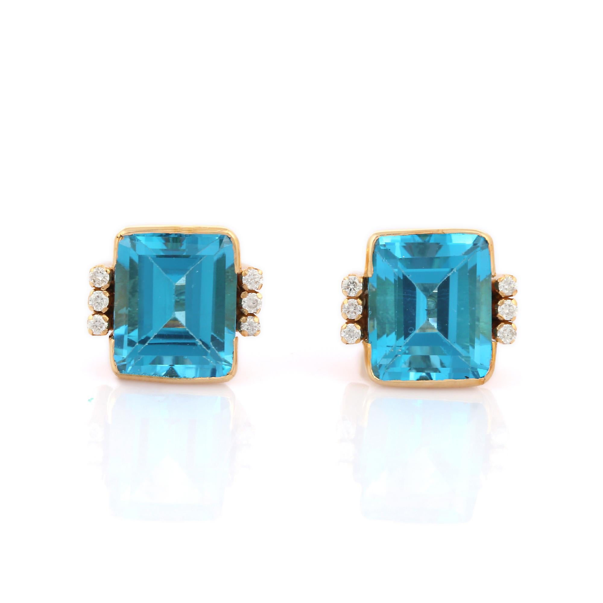 Genuine Blue Topaz 15.15 Ct Stud Earrings with Diamonds in 18K Yellow Gold In New Condition For Sale In Houston, TX