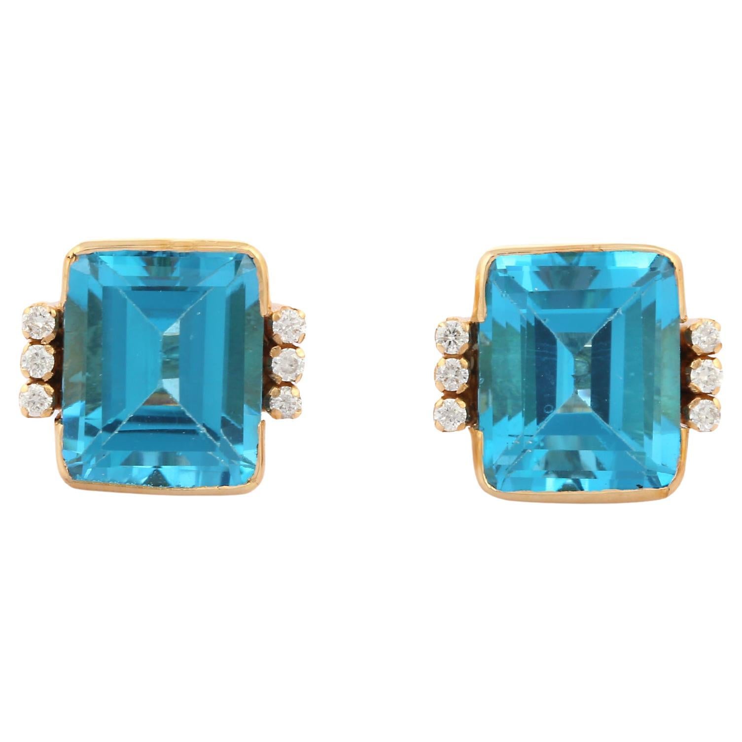 Genuine Blue Topaz 15.15 Ct Stud Earrings with Diamonds in 18K Yellow Gold For Sale