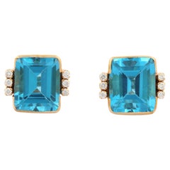 Genuine Blue Topaz 15.15 Ct Stud Earrings with Diamonds in 18K Yellow Gold
