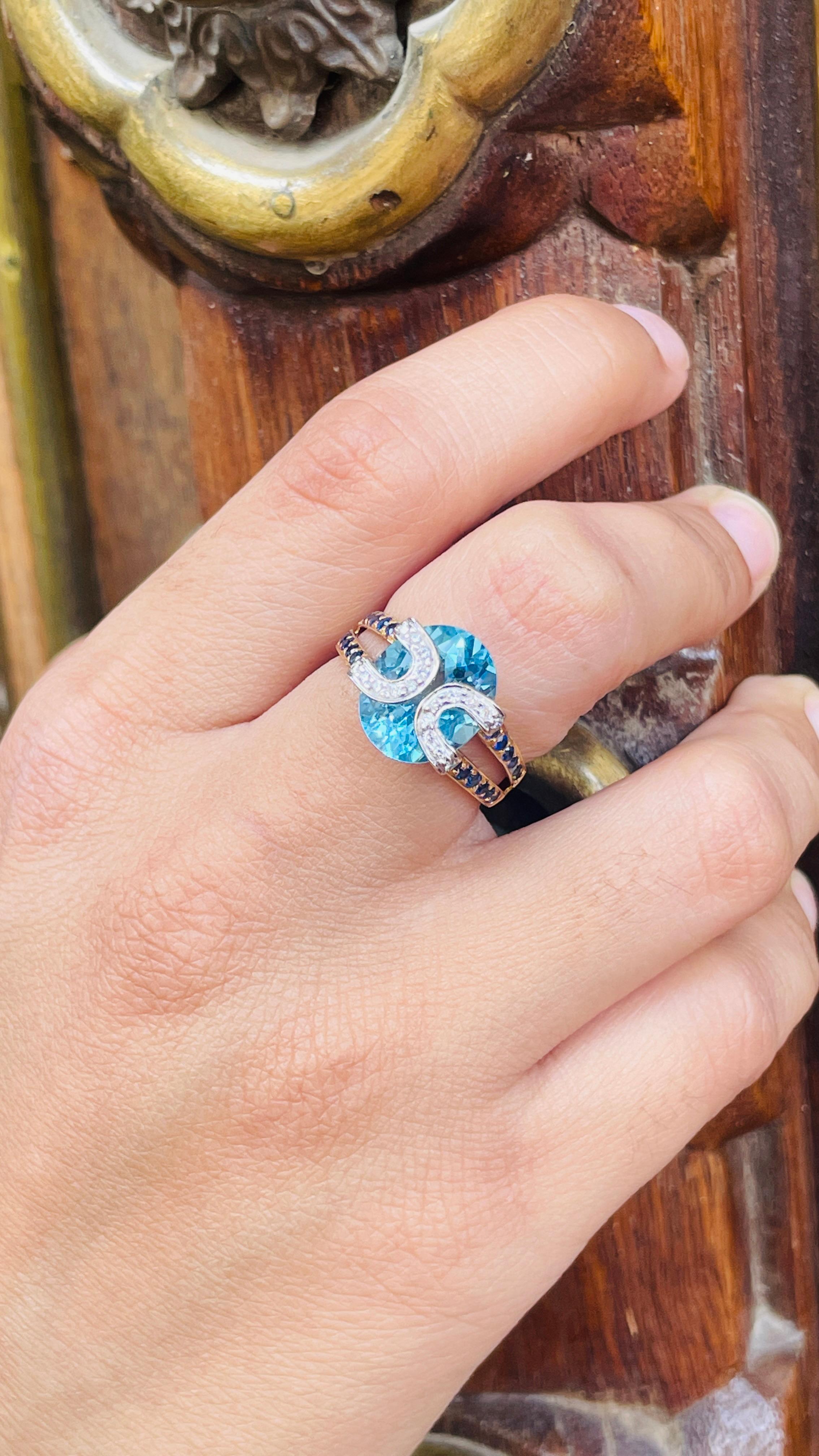 For Sale:  Genuine Blue Topaz Cocktail Ring with Sapphire and Diamonds in 18k Yellow Gold 10