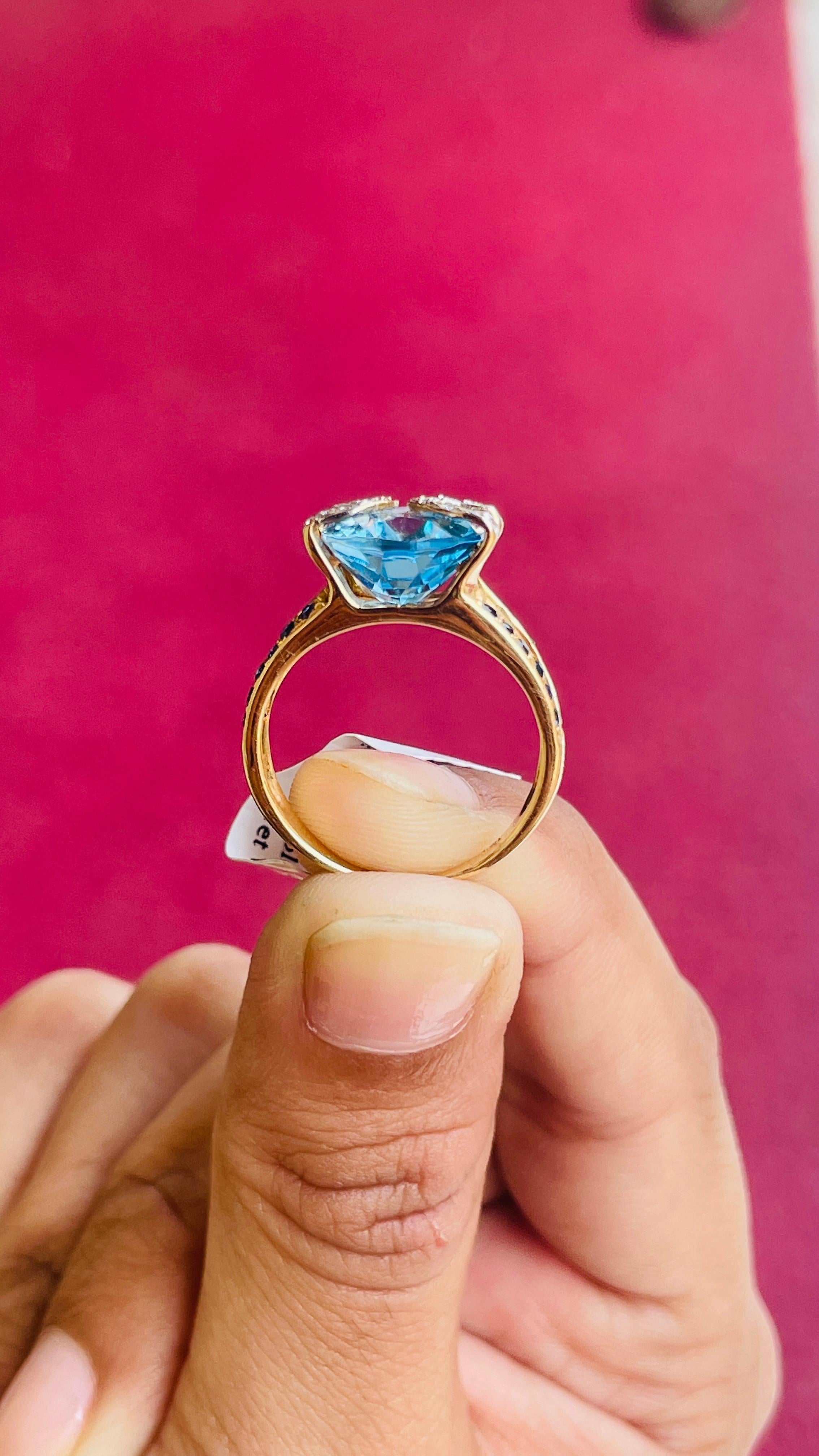 For Sale:  Genuine Blue Topaz Cocktail Ring with Sapphire and Diamonds in 18k Yellow Gold 11
