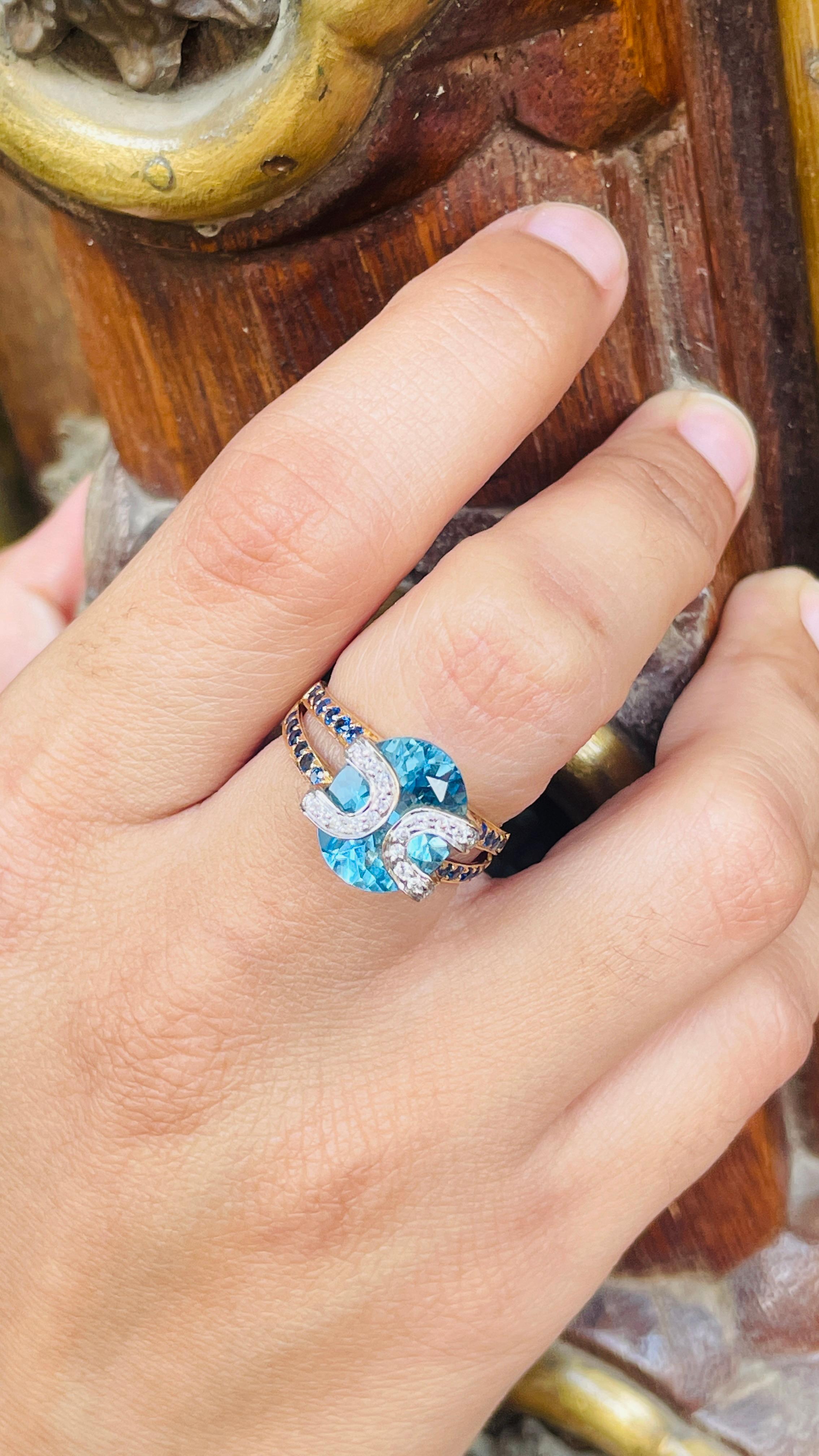 For Sale:  Genuine Blue Topaz Cocktail Ring with Sapphire and Diamonds in 18k Yellow Gold 2