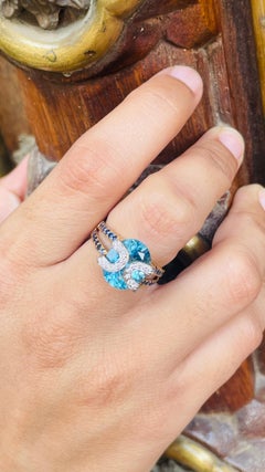 Genuine Blue Topaz Cocktail Ring with Sapphire and Diamonds in 18k Yellow Gold