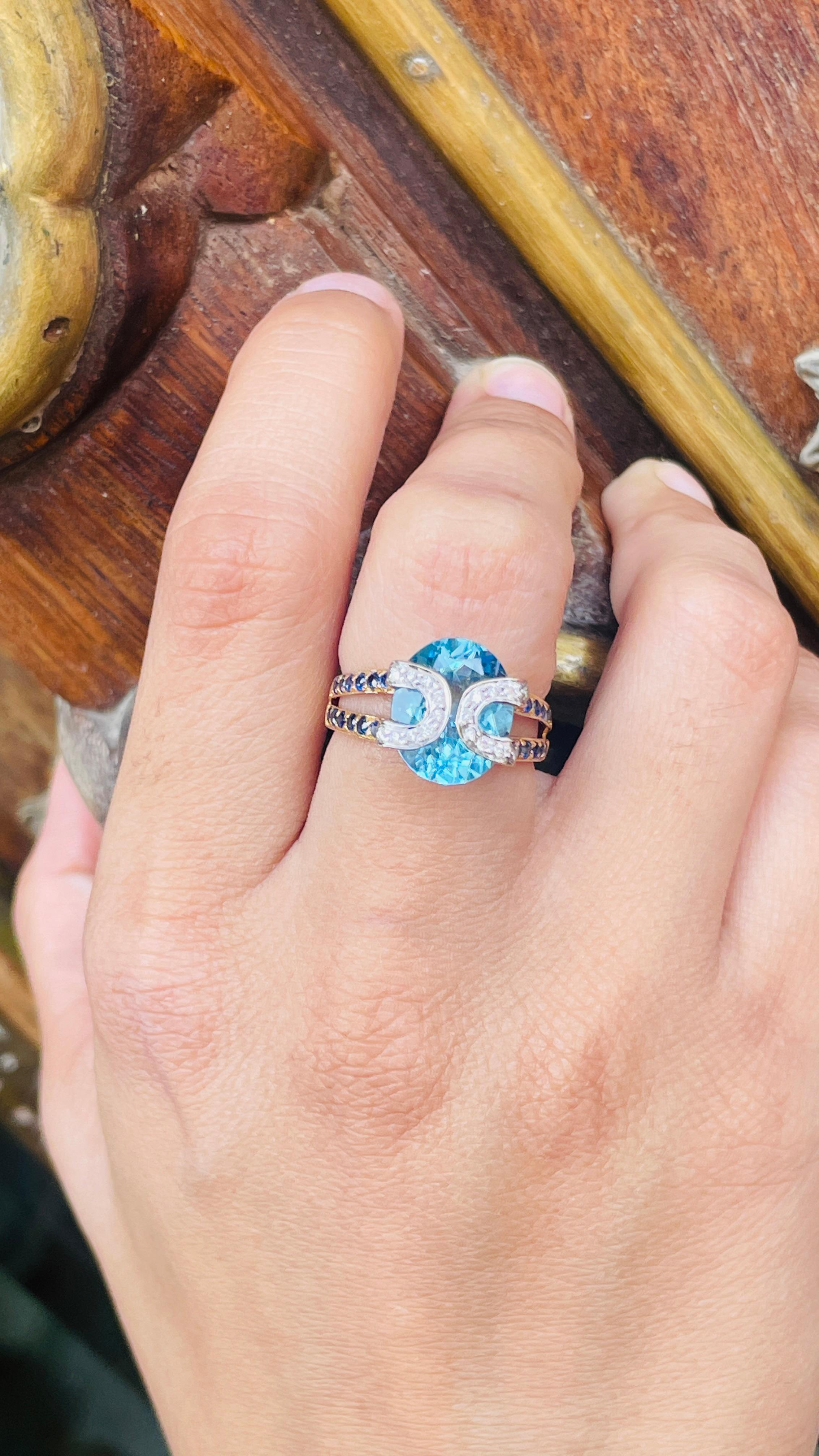 For Sale:  Genuine Blue Topaz Cocktail Ring with Sapphire and Diamonds in 18k Yellow Gold 4