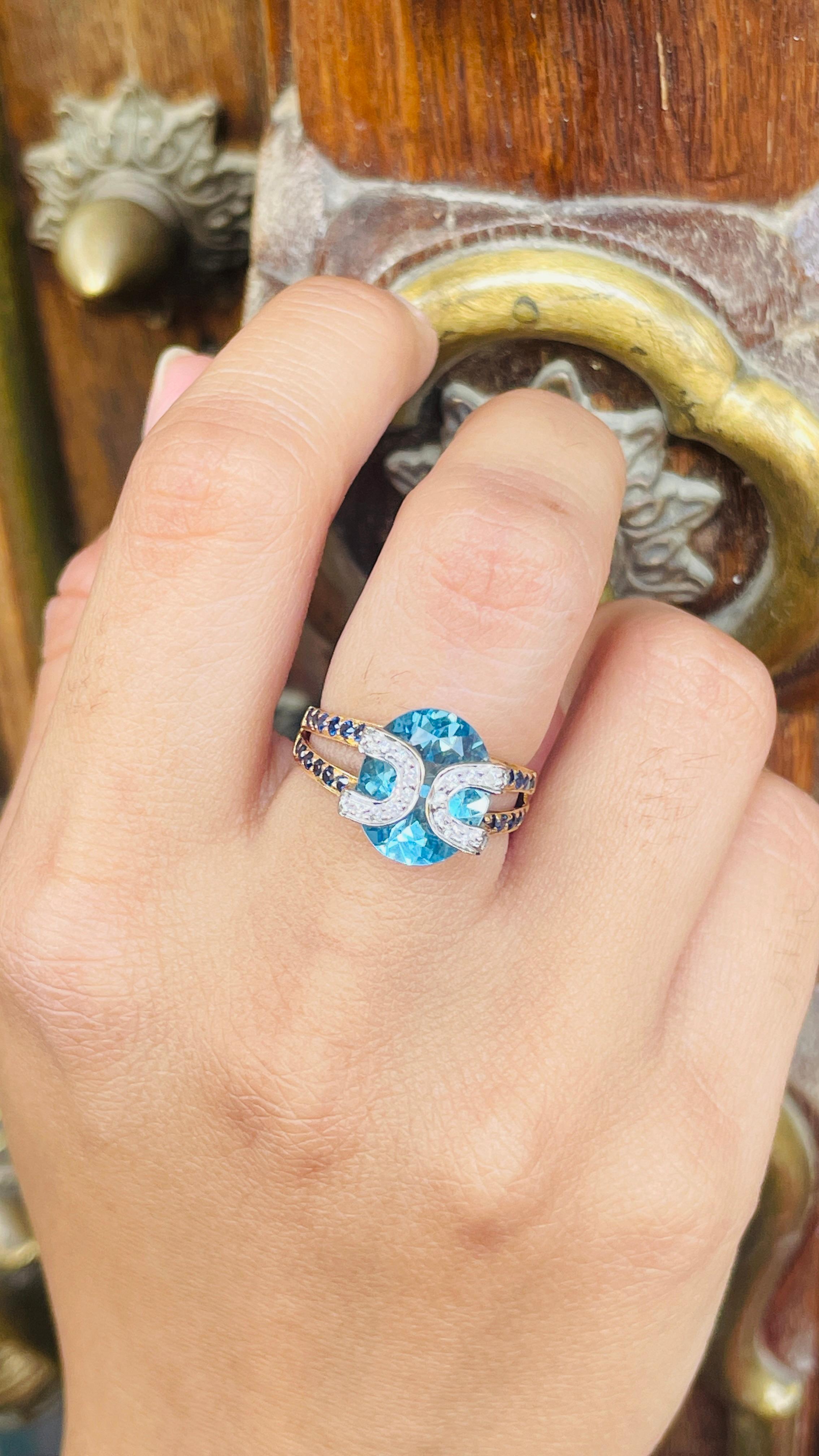 For Sale:  Genuine Blue Topaz Cocktail Ring with Sapphire and Diamonds in 18k Yellow Gold 6