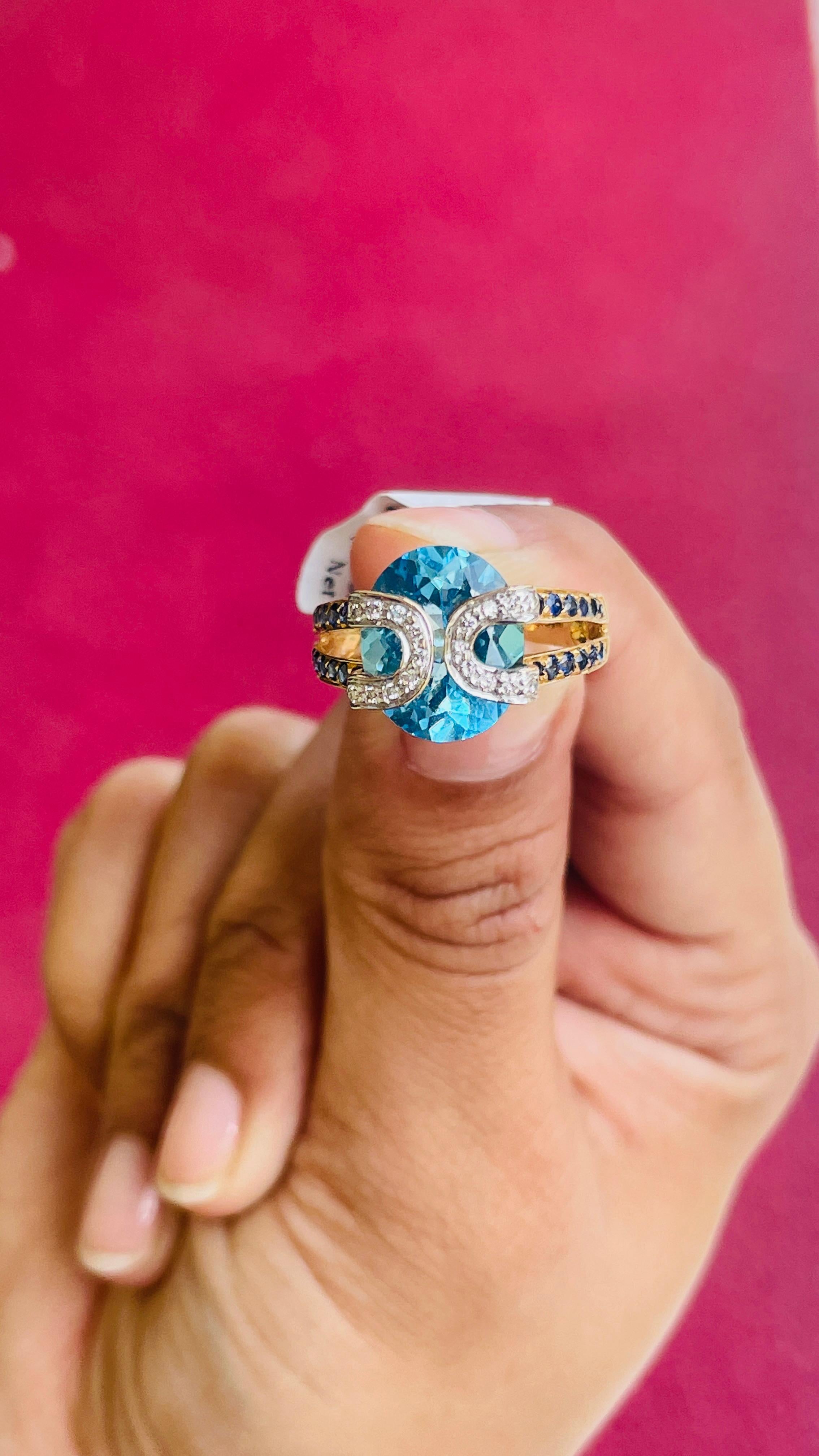 For Sale:  Genuine Blue Topaz Cocktail Ring with Sapphire and Diamonds in 18k Yellow Gold 8