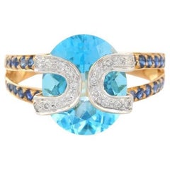 Anillo de Cóctel de Topacio Azul Auténtico con Zafiro y Diamantes en Oro Amarillo de 18k