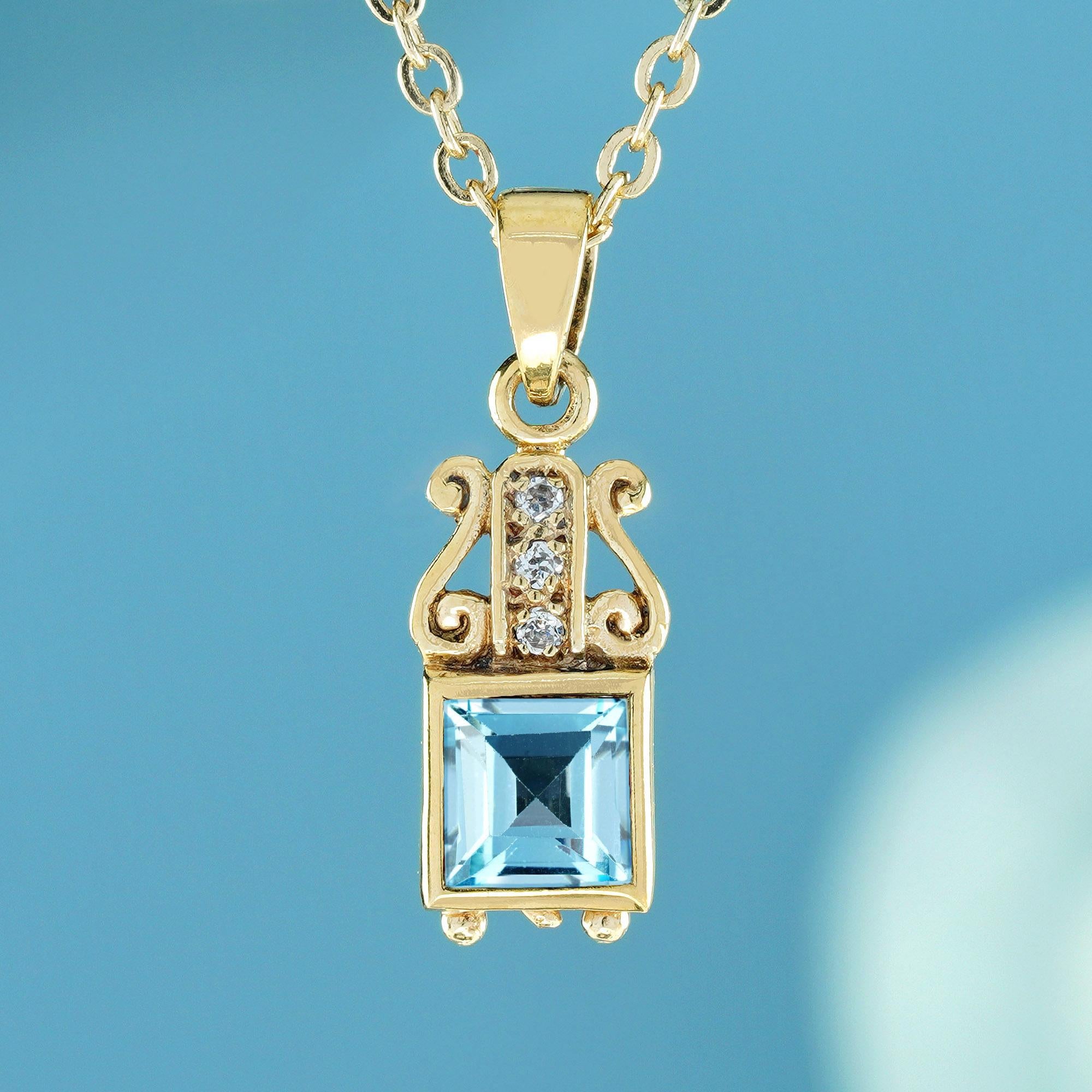 Elevate your jewelry collection with these natural blue topaz and diamond vintage style pendant in solid yellow gold. Perfectly crafted, this pendant showcases a stunning square-shaped blue topaz, beautifully bezel set to highlight its captivating