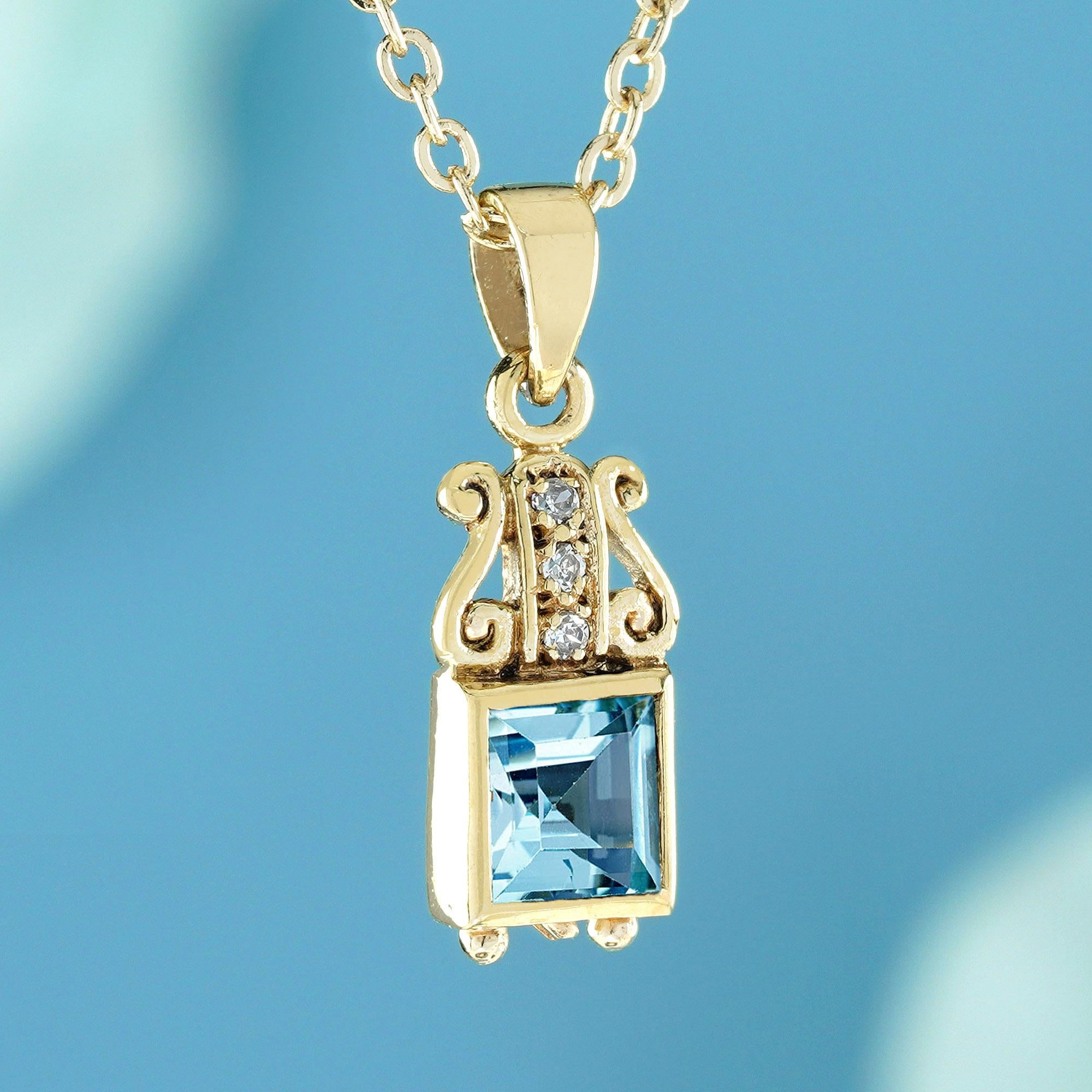 Edwardian Genuine Blue Topaz Diamond Vintage Style Pendant in Yellow Gold 9K For Sale