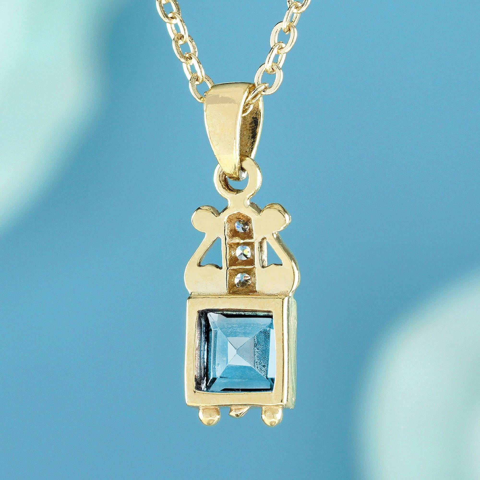 Emerald Cut Genuine Blue Topaz Diamond Vintage Style Pendant in Yellow Gold 9K For Sale
