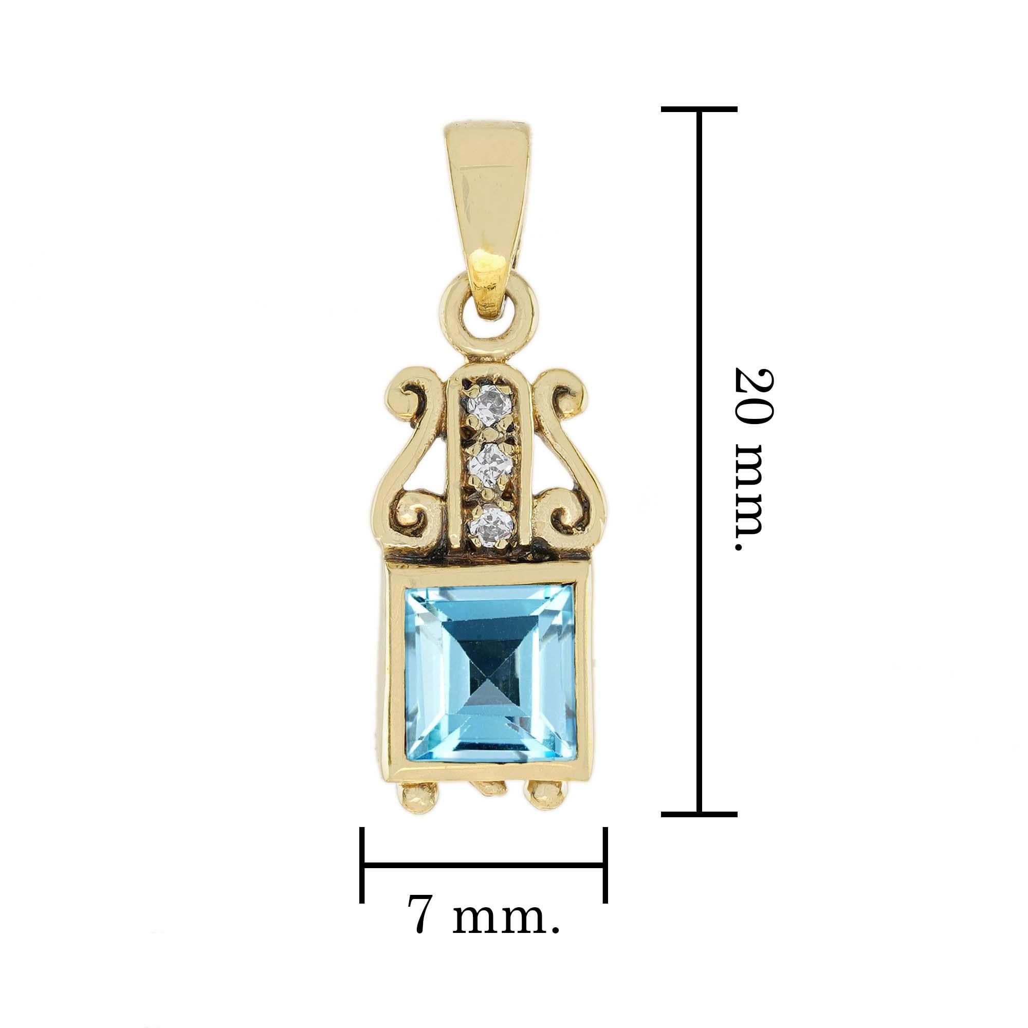 Genuine Blue Topaz Diamond Vintage Style Pendant in Yellow Gold 9K In New Condition For Sale In Bangkok, TH