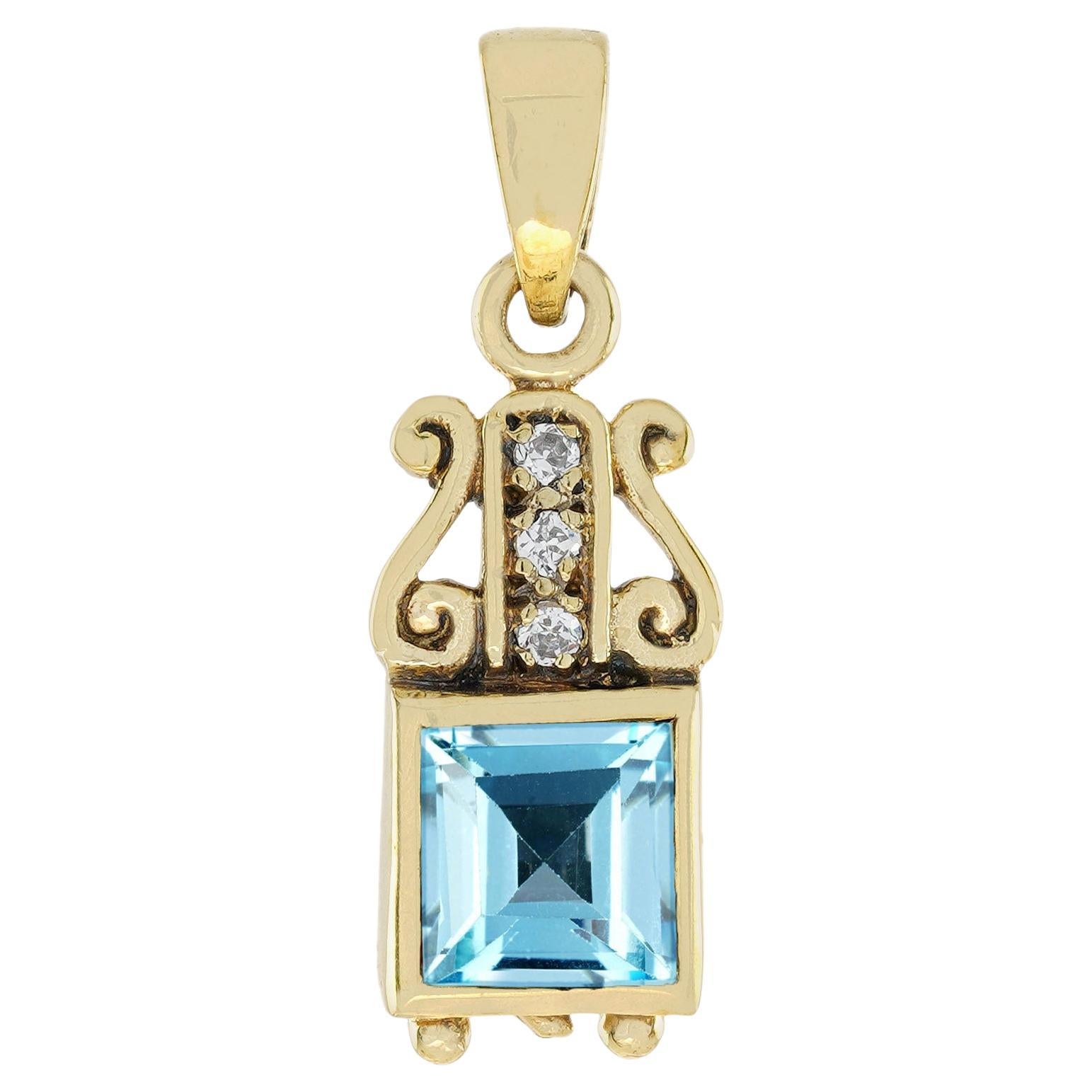 Genuine Blue Topaz Diamond Vintage Style Pendant in Yellow Gold 9K For Sale