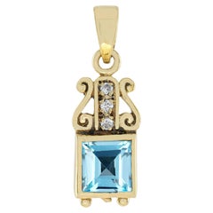 Genuine Blue Topaz Diamond Vintage Style Pendant in Yellow Gold 9K