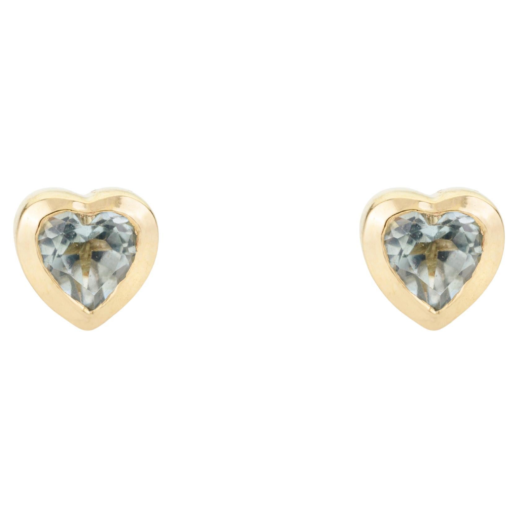 Genuine Blue Topaz Heart Shape Stud Earrings in 14k Yellow Gold for Women