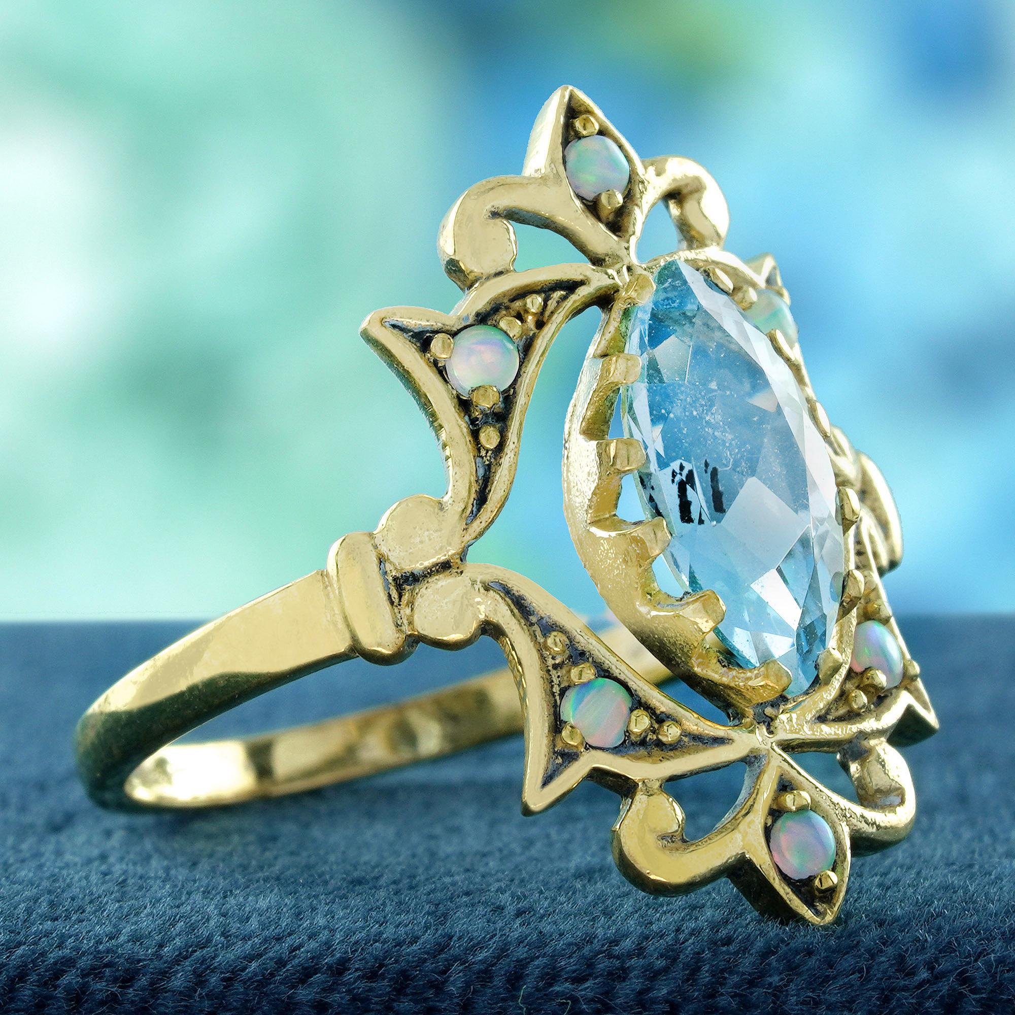 Edwardian Natural Blue Topaz Opal Vintage Style Cocktail Ring in 9K Yellow Gold For Sale