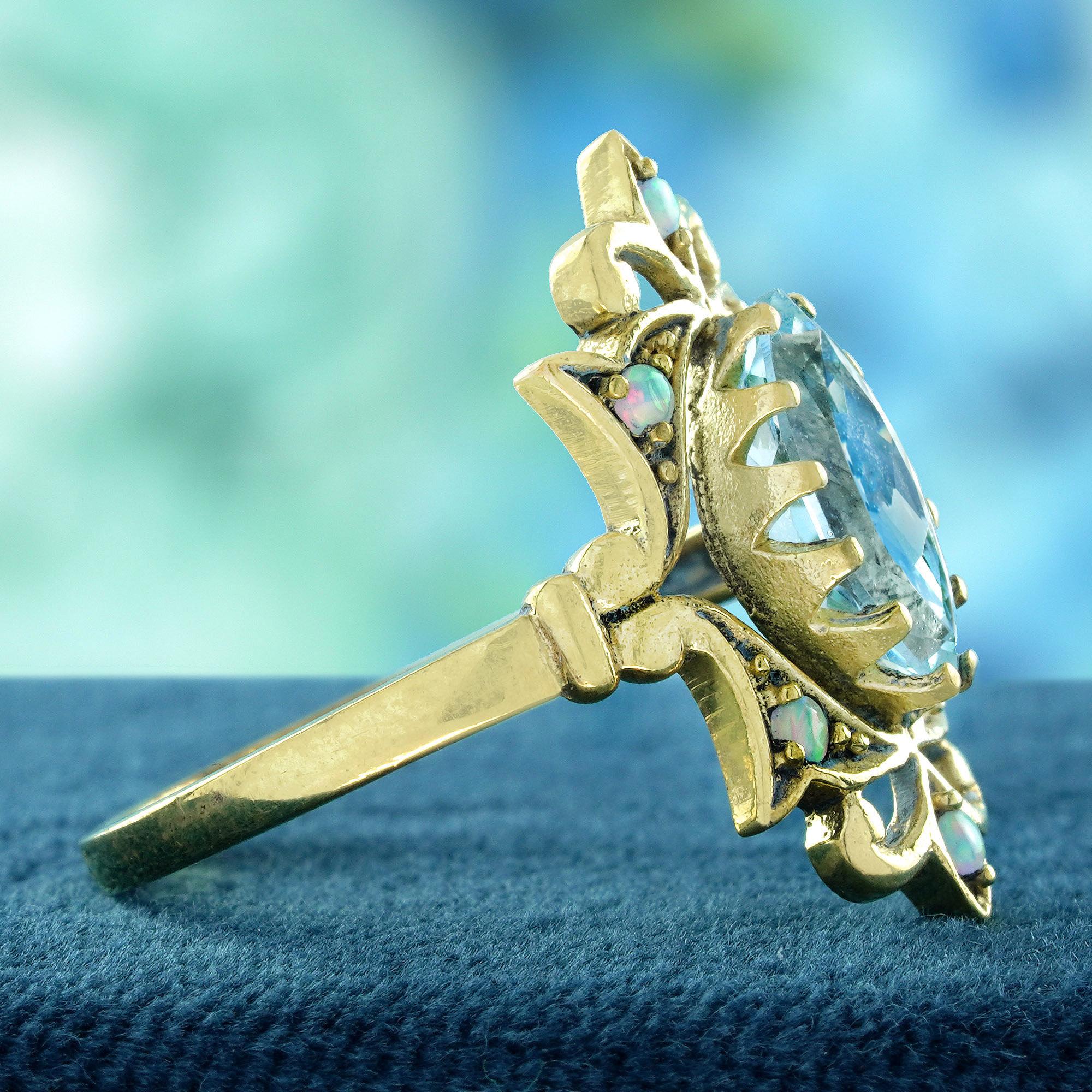 Oval Cut Natural Blue Topaz Opal Vintage Style Cocktail Ring in 9K Yellow Gold For Sale