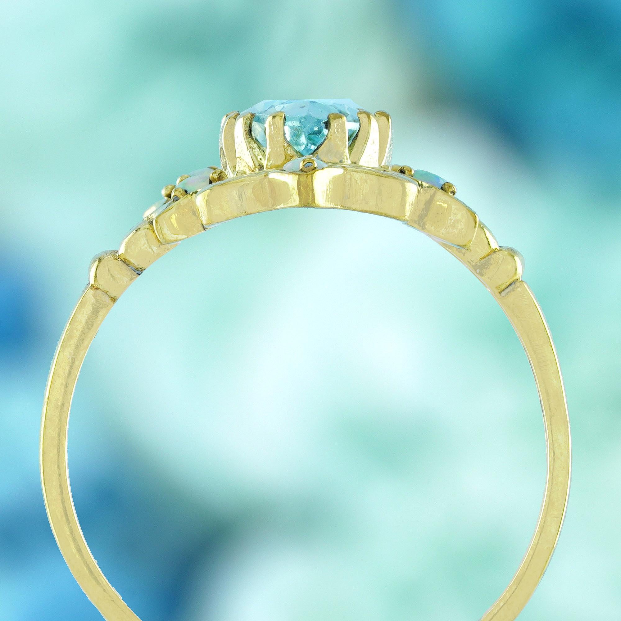Natural Blue Topaz Opal Vintage Style Cocktail Ring in 9K Yellow Gold In New Condition For Sale In Bangkok, TH