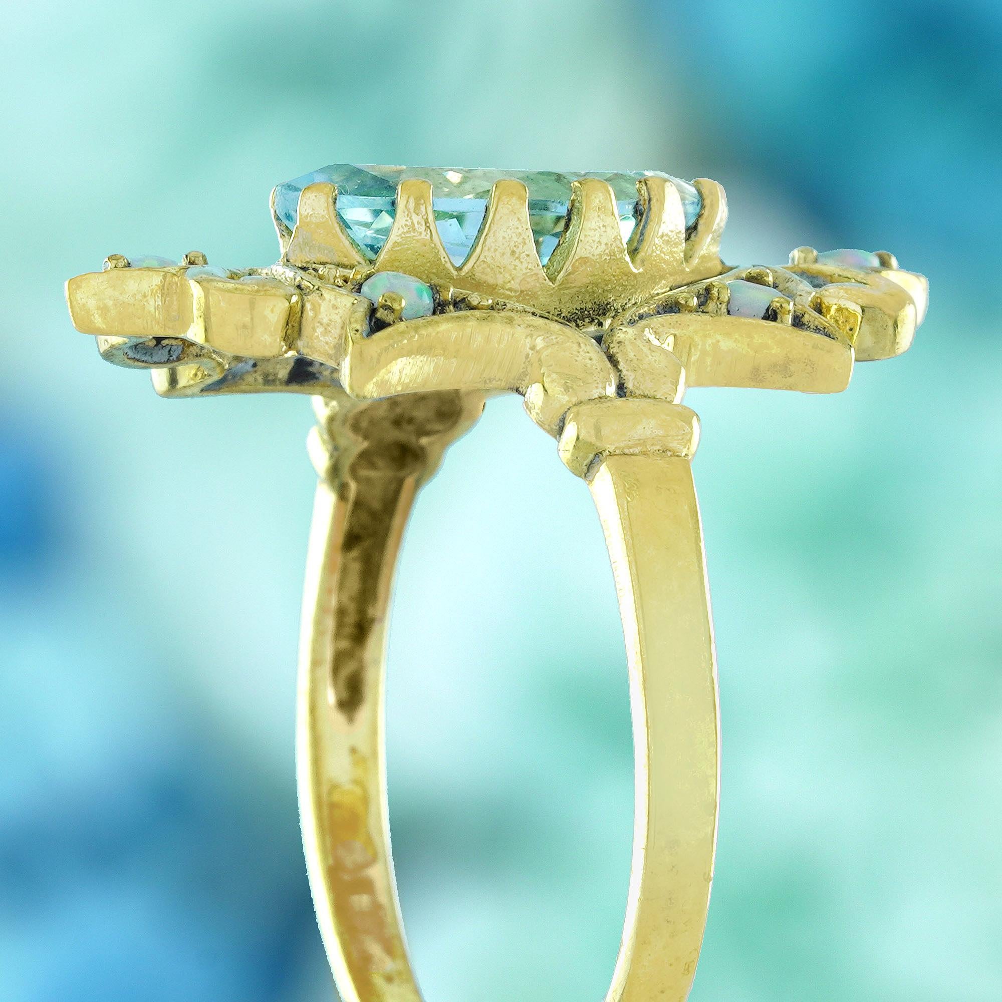 Women's Natural Blue Topaz Opal Vintage Style Cocktail Ring in 9K Yellow Gold For Sale