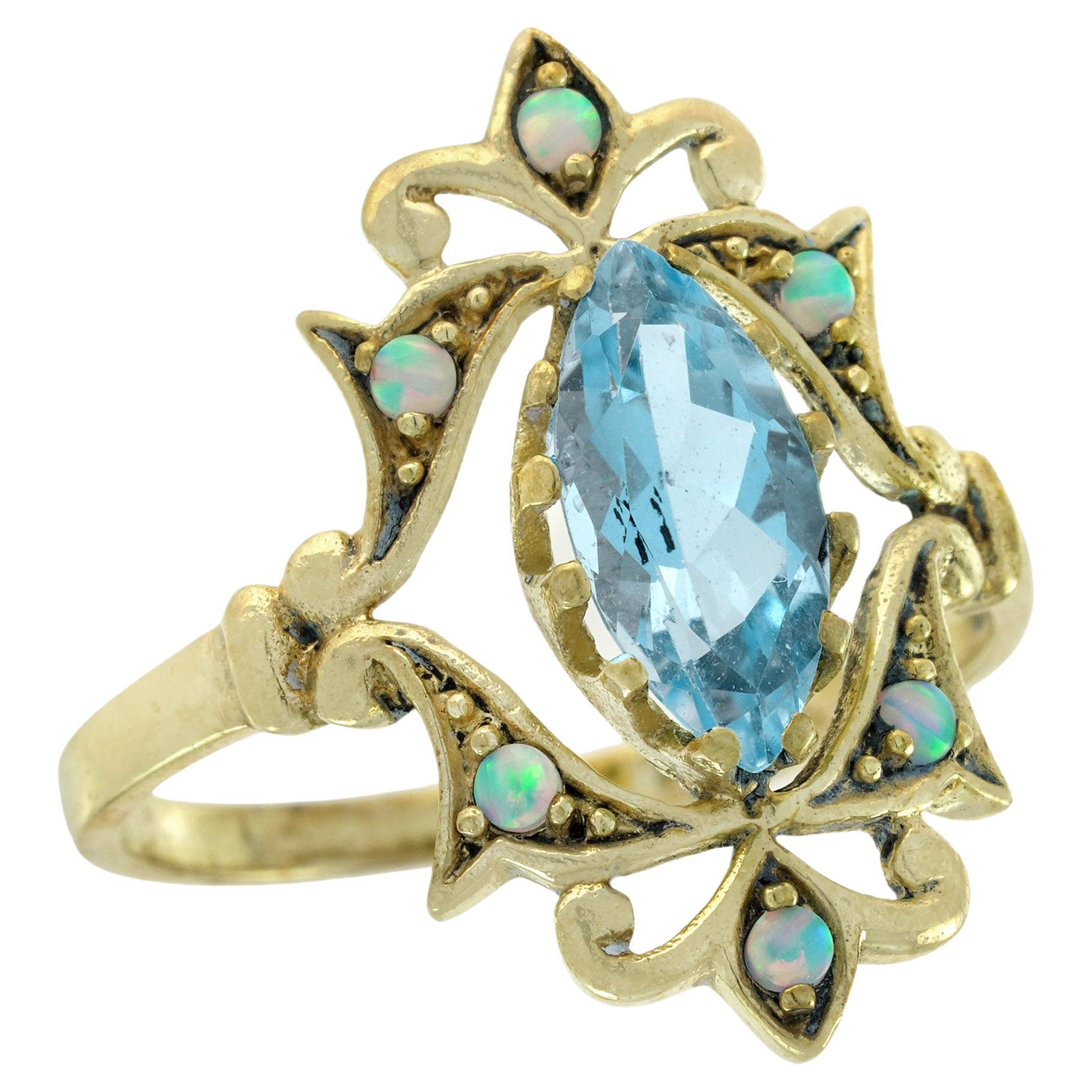 Anello da cocktail in stile vintage con topazio blu naturale e opale in oro giallo 9K