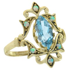 Natürlicher blauer Topas Opal Vintage-Cocktailring im Vintage-Stil aus 9K Gelbgold