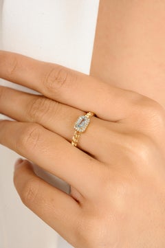 Genuine Blue Topaz with Halo Diamonds 14k Yellow Gold Engagement Ring for Women