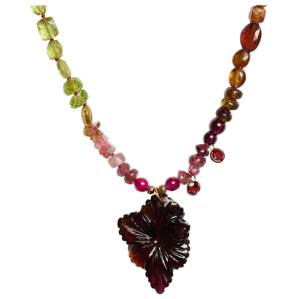 Genuine Burma Ruby Handcarved Tourmaline Charm Yellow Gold Necklace