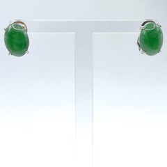 Genuine Burmese Apple Green Oval Jadeite Jade 18K White Gold Stud Earrings