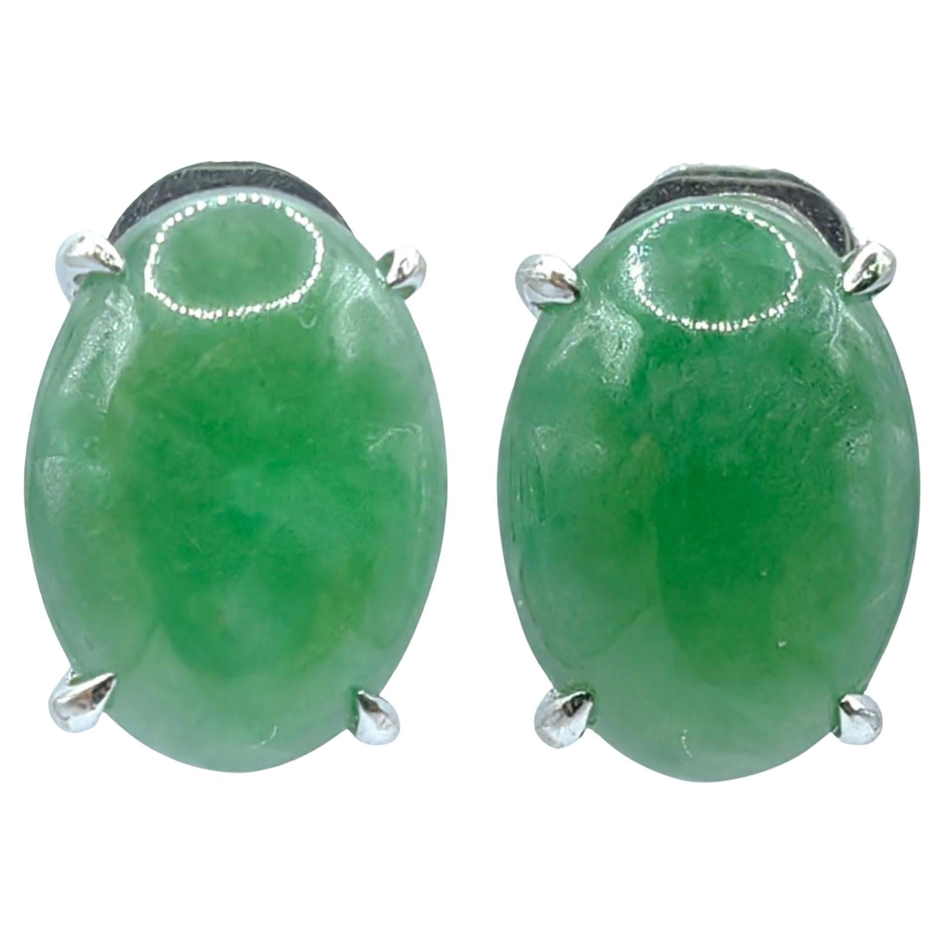 Genuine Burmese Apple Green Oval Jadeite Jade 18K White Gold Stud Earrings