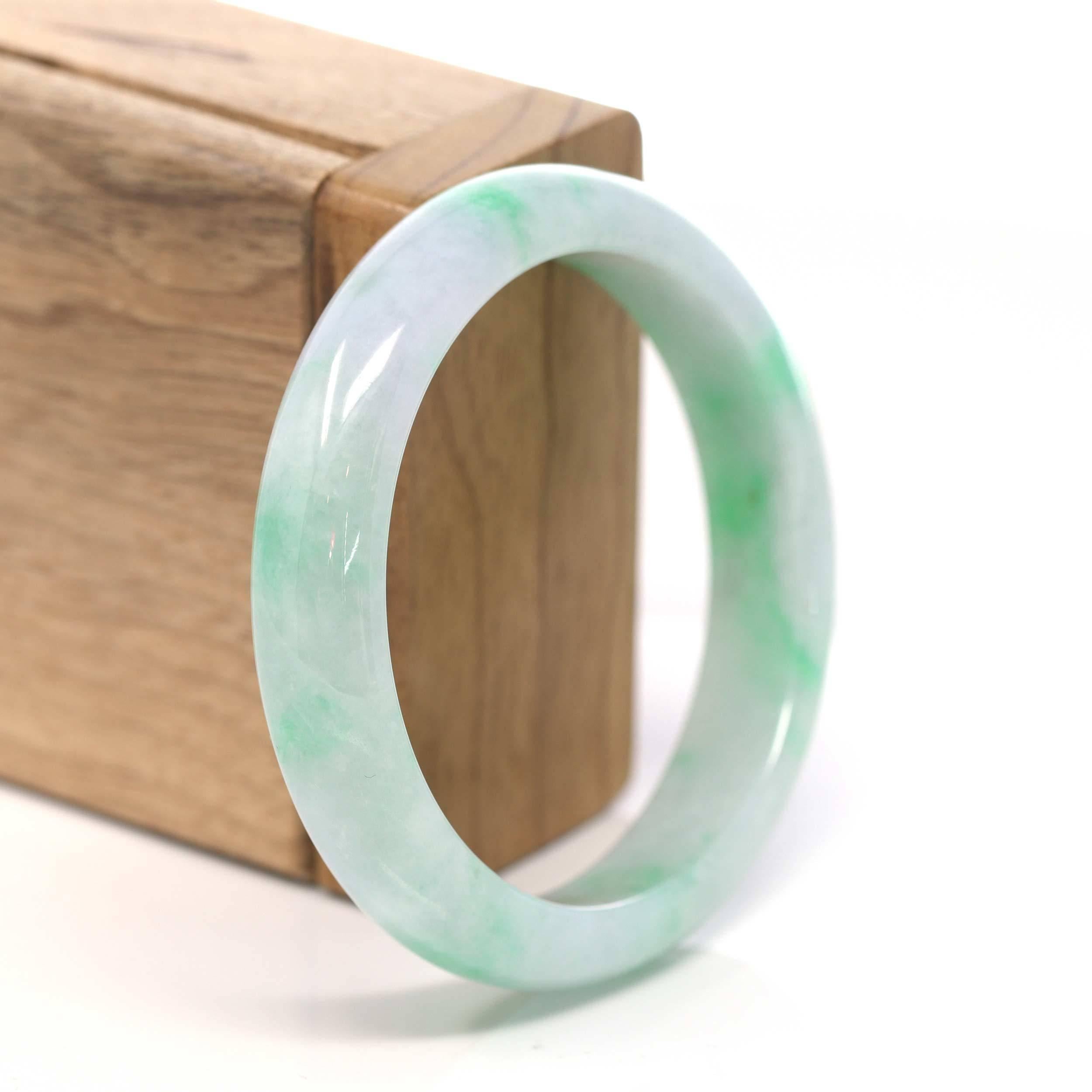  * DETAILS--- Natural Light Green Genuine Burmese Jadeite Jade Bangle Bracelet.  All Baikalla Jewelry's Jade Bangles are guaranteed to be untreated. The jade texture is relatively fine with some patches of varieties of gorgeous green lavender colors