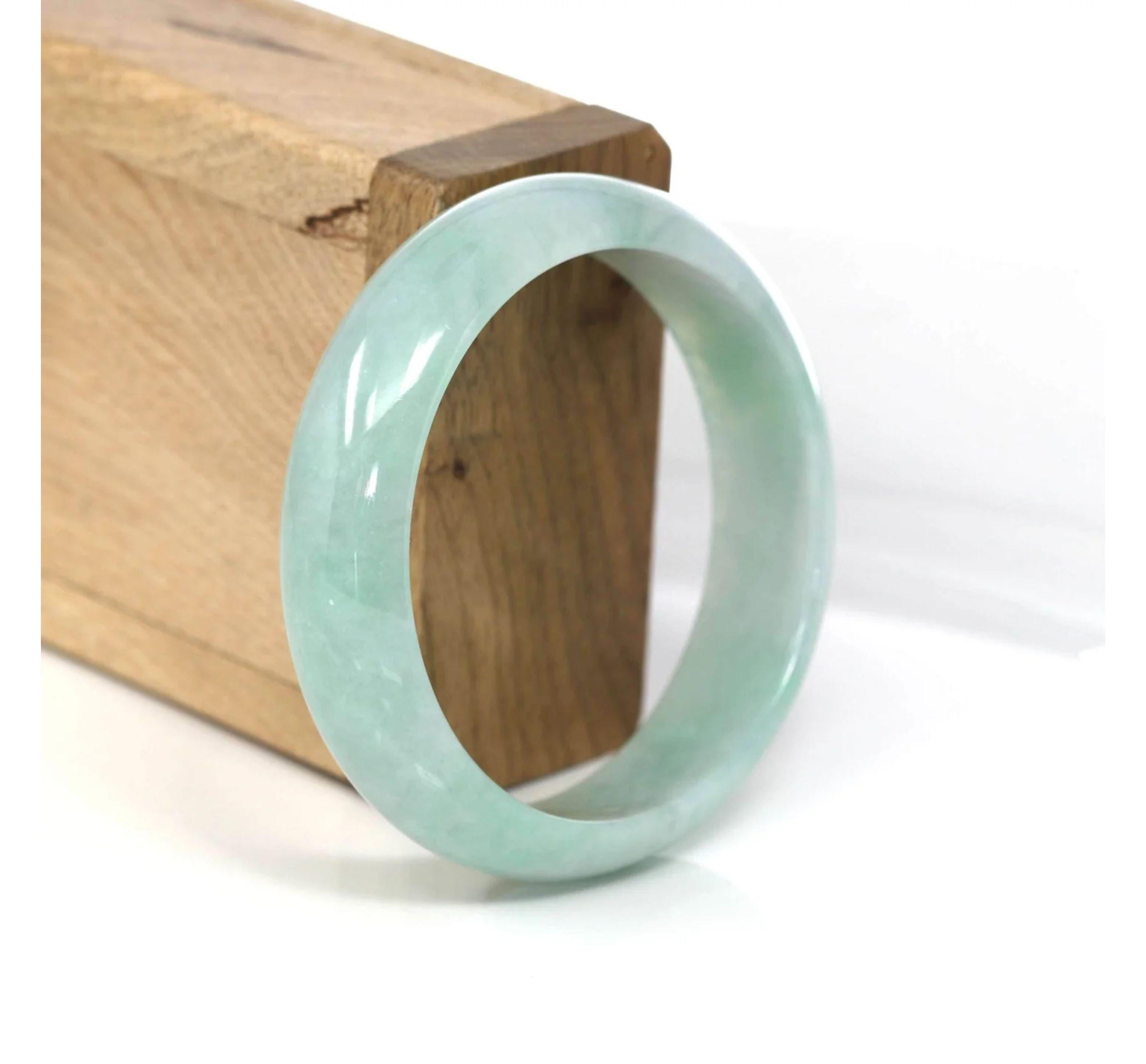  * DETAILS--- This bangle is made with fine genuine Burmese Jadeite jade. The jade texture is very good and smooth with light green. The whole bangle looks very clear with green. It's a perfect with half-round comfort style bracelet. It's a very