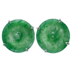 Genuine Burmese Icy Green Donut Peace Jadeite Stud Earrings in 18K White Gold