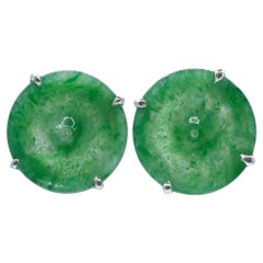 Genuine Burmese Icy Green Donut Peace Jadeite Stud Earrings in 18K White Gold