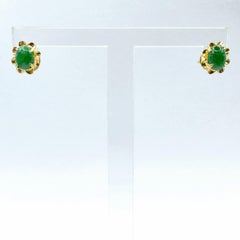 Genuine Burmese Imperial Green Oval Jadeite Jade 14K Yellow Gold Stud Earrings