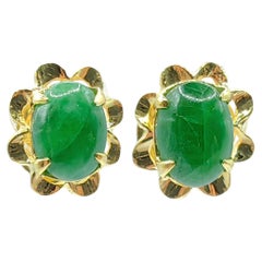 Genuine Burmese Imperial Green Oval Jadeite Jade 14K Yellow Gold Stud Earrings