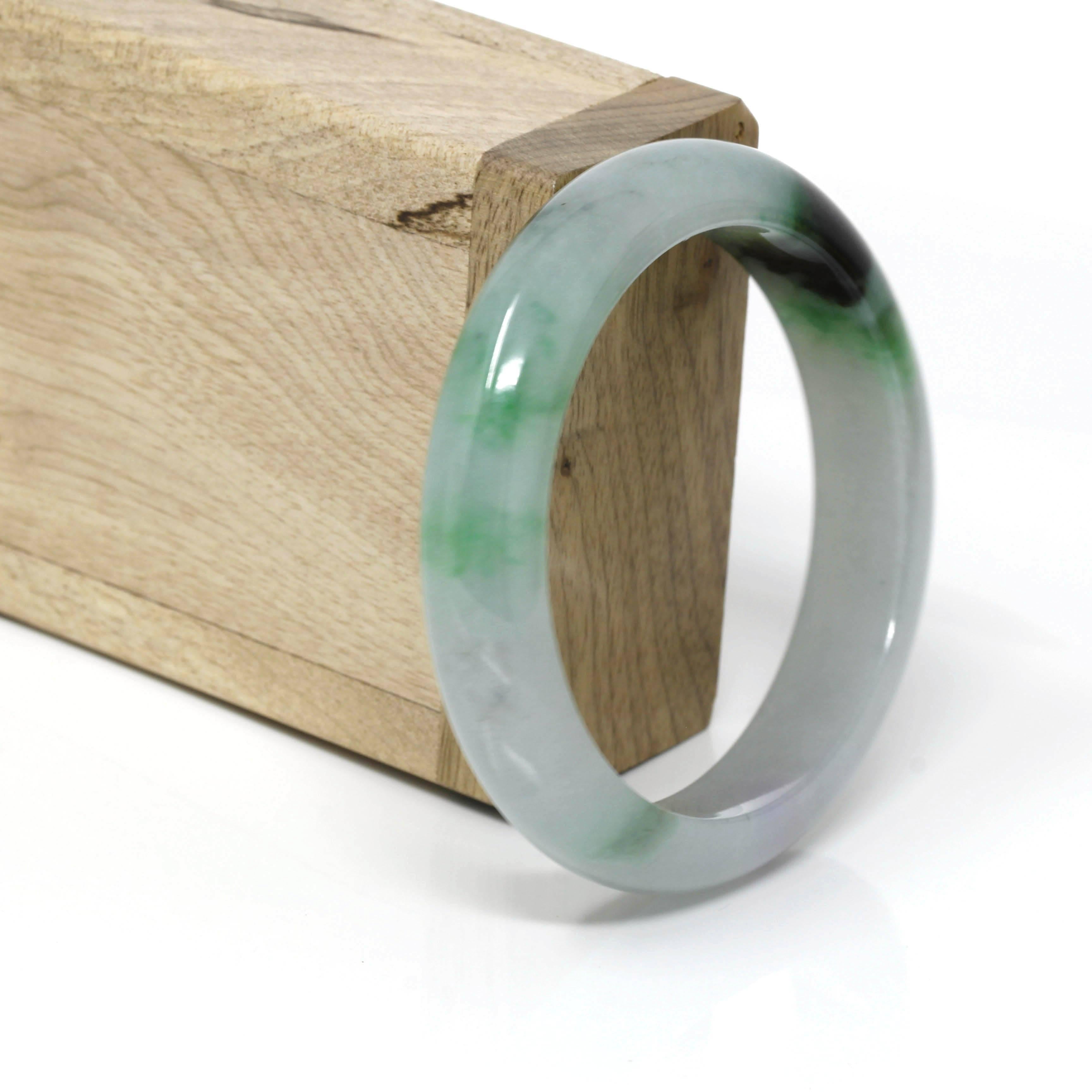 *Details-- Genuine Burmese Jadeite Jade Bangle Bracelet. This bangle is made with very high-quality genuine Burmese Jadeite jade. The jade texture is very smooth and translucent with dark green and apple green patches of colors. This whole bangle is