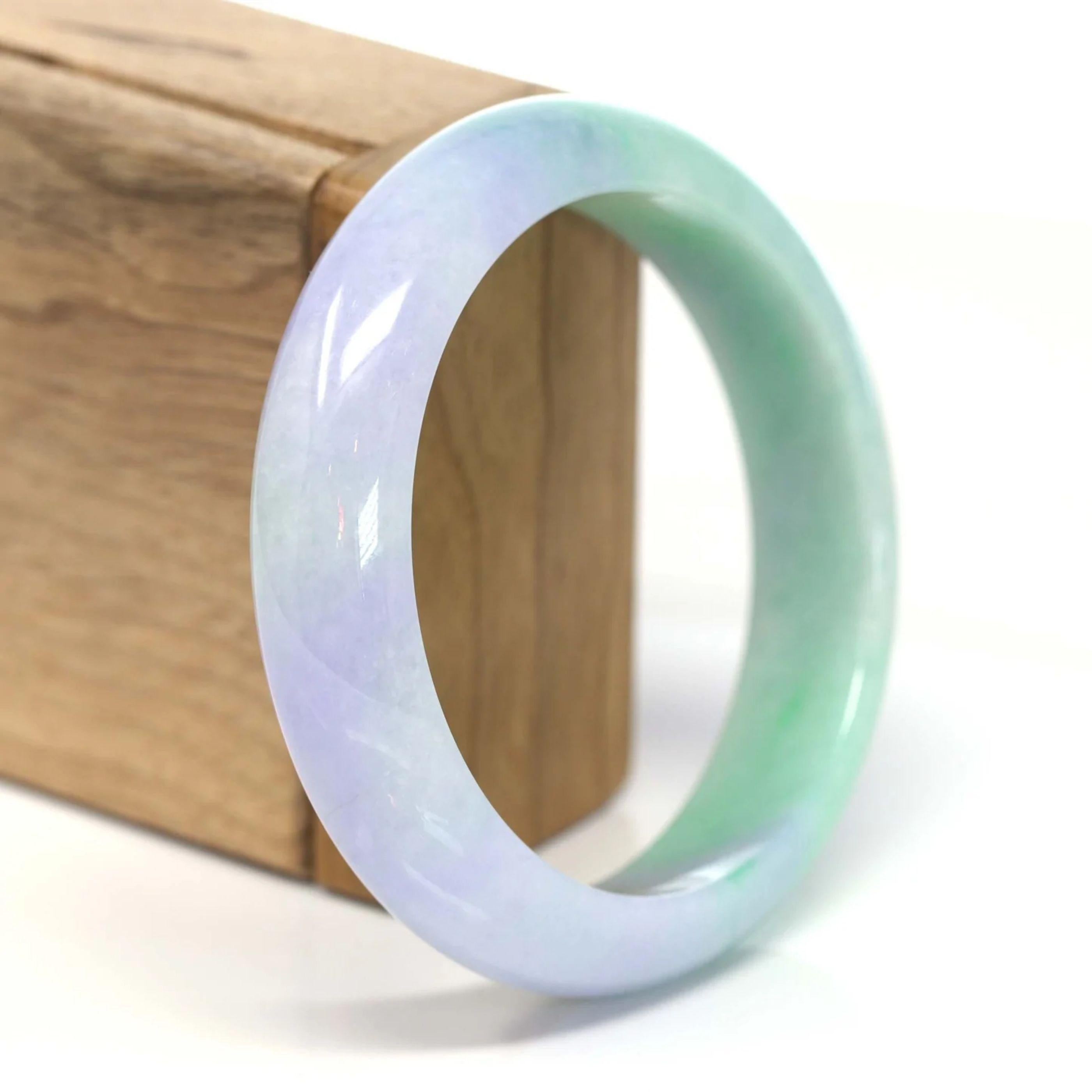 * INTRODUCTION--- Genuine Burmese Jadeite Jade Bangle Bracelet. This bangle is made with very high-quality genuine Burmese Jadeite jade, The jade texture is very smooth and translucent with lavender and green colors inside. This whole bangle is a