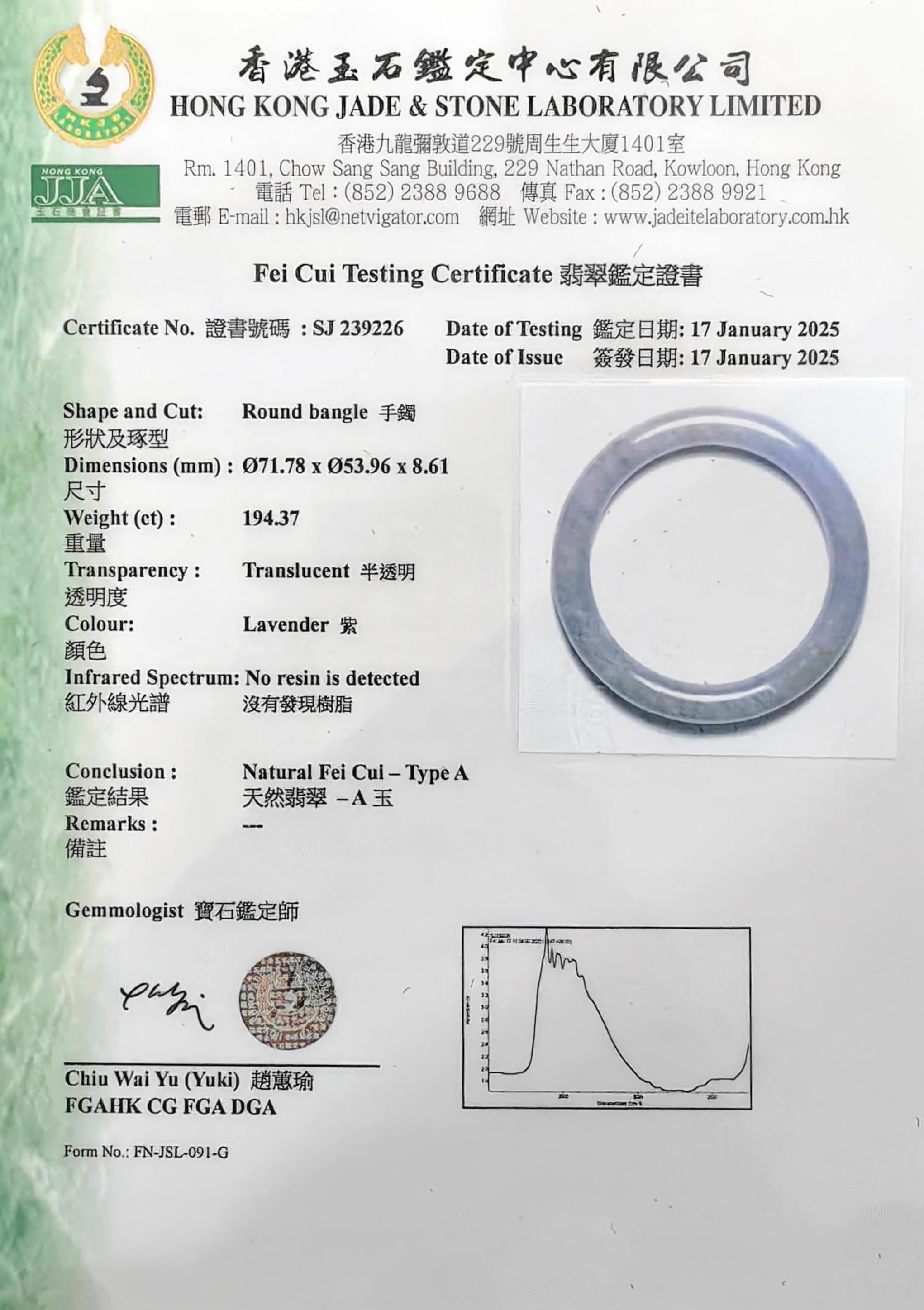 Certified Genuine Burmese Lavender Jadeite Jade Bangle For Sale 1