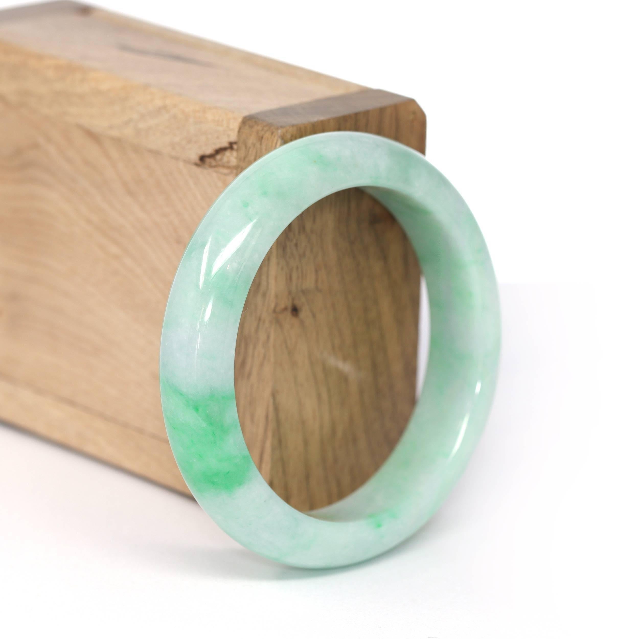 * DETAILS--- Genuine Burmese Jadeite Jade Bangle Bracelet. This bangle is made with very high-quality genuine Burmese green Jadeite jade, the jade texture is transparent and smooth. The green color is truly a mesmerizing combination. The Classic