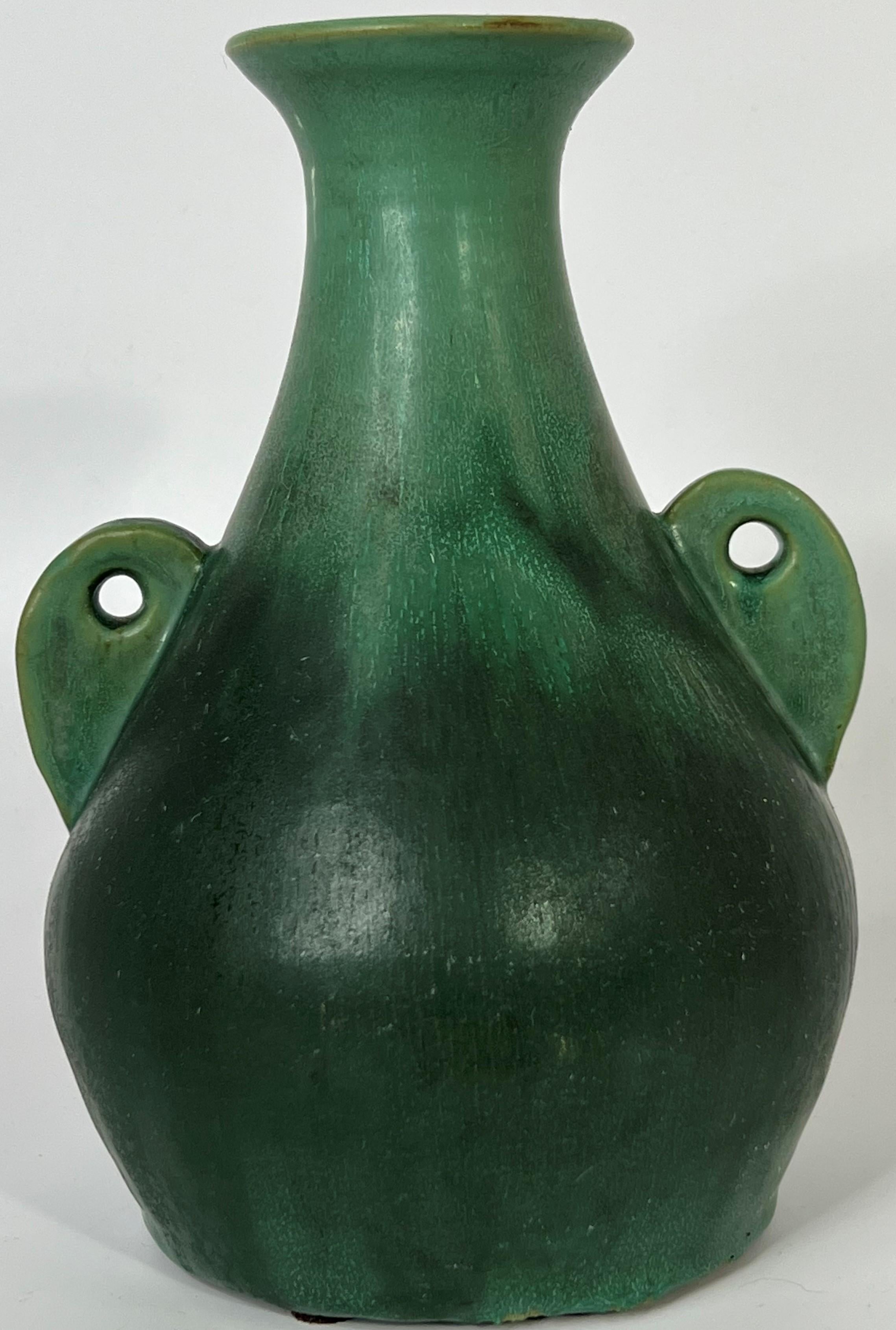 Arts and Crafts Genuine Bybee (tm) Matte Crystalline Green handled vase.