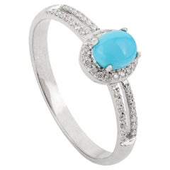 Genuine Cabochon Turquoise Diamond Halo Split Band Ring in 14K White Gold