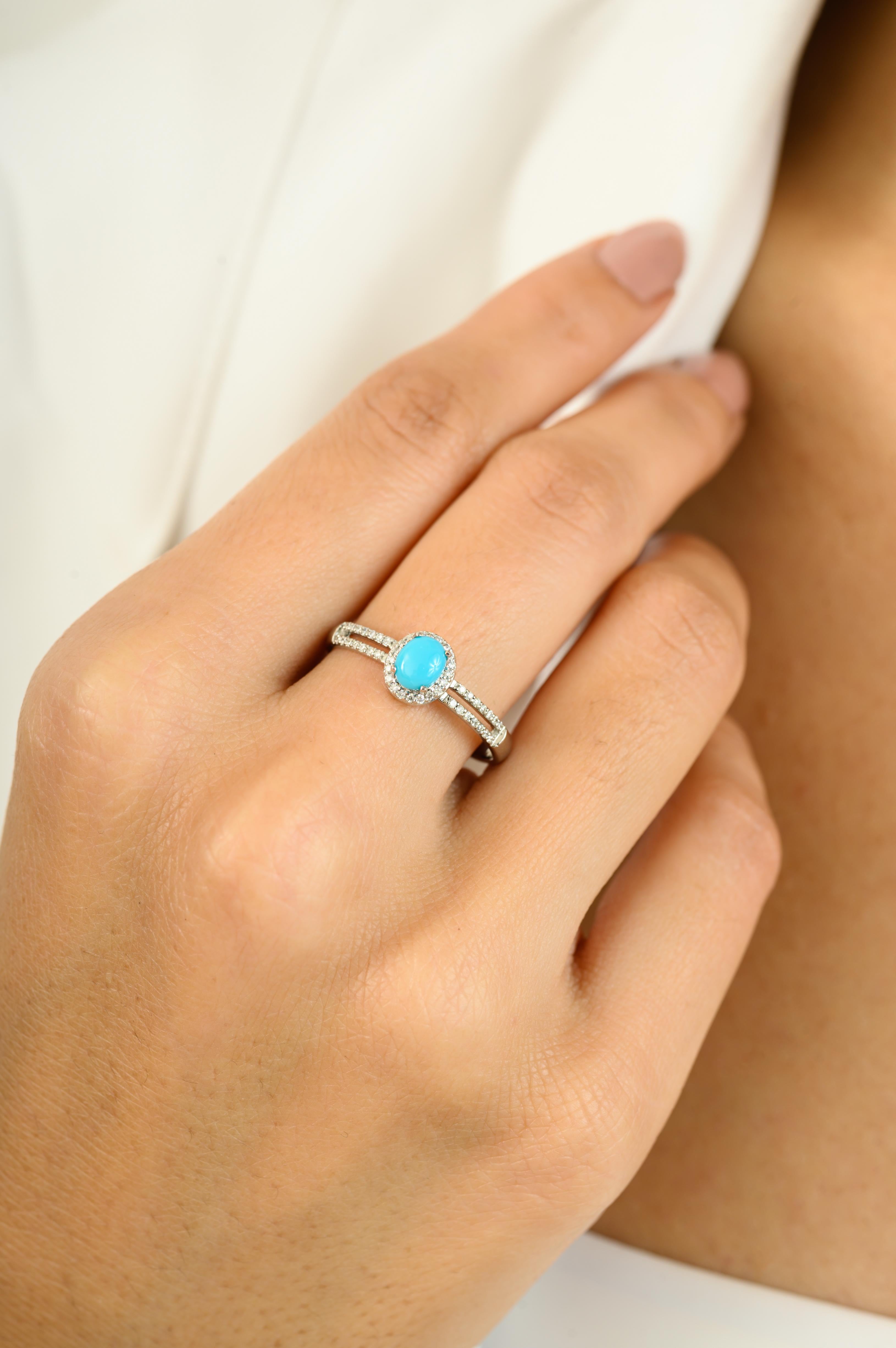 For Sale:  Genuine Cabochon Turquoise Diamond Halo Split Band Ring in 14K White Gold 4