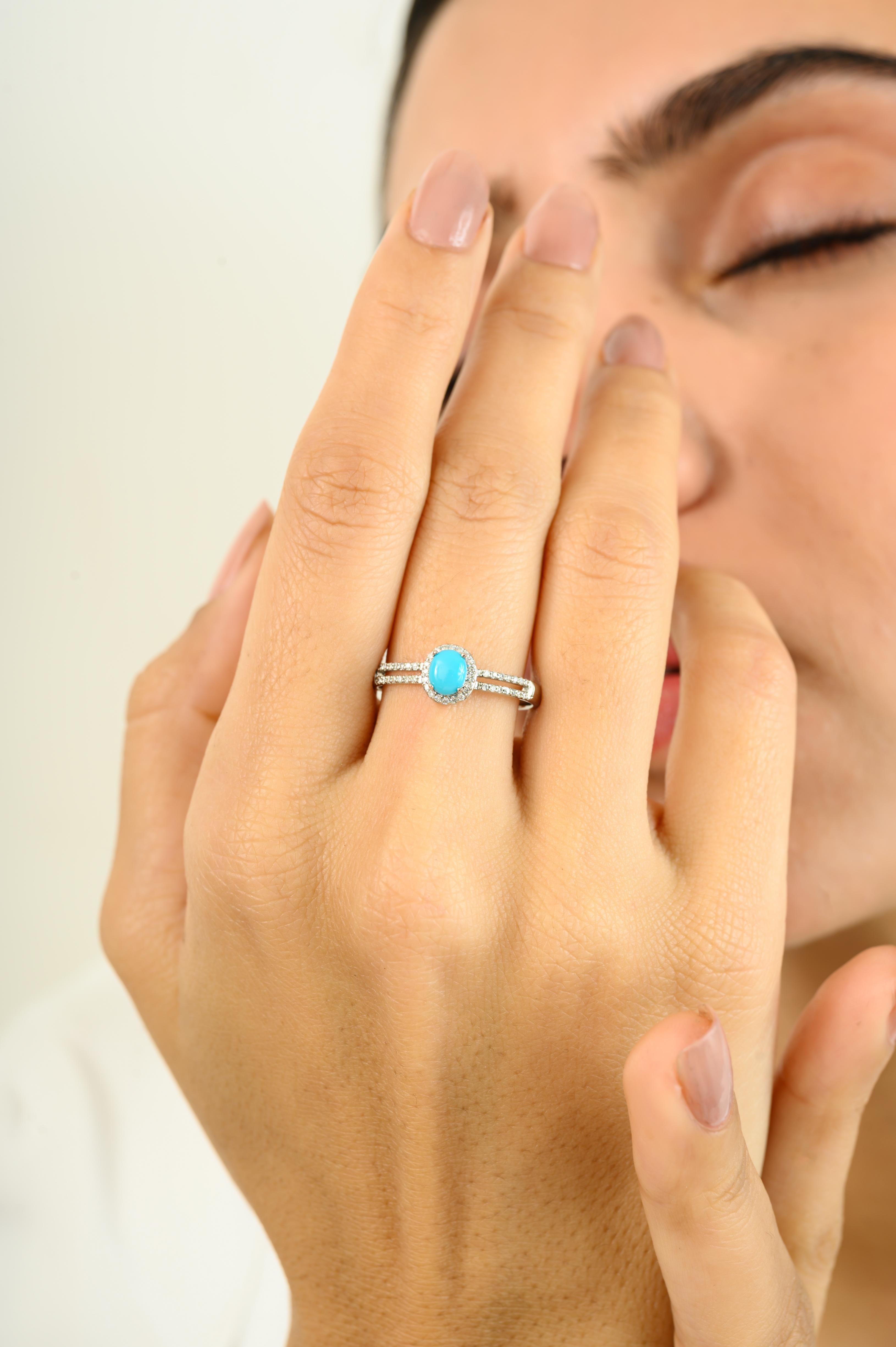 For Sale:  Genuine Cabochon Turquoise Diamond Halo Split Band Ring in 14K White Gold 5