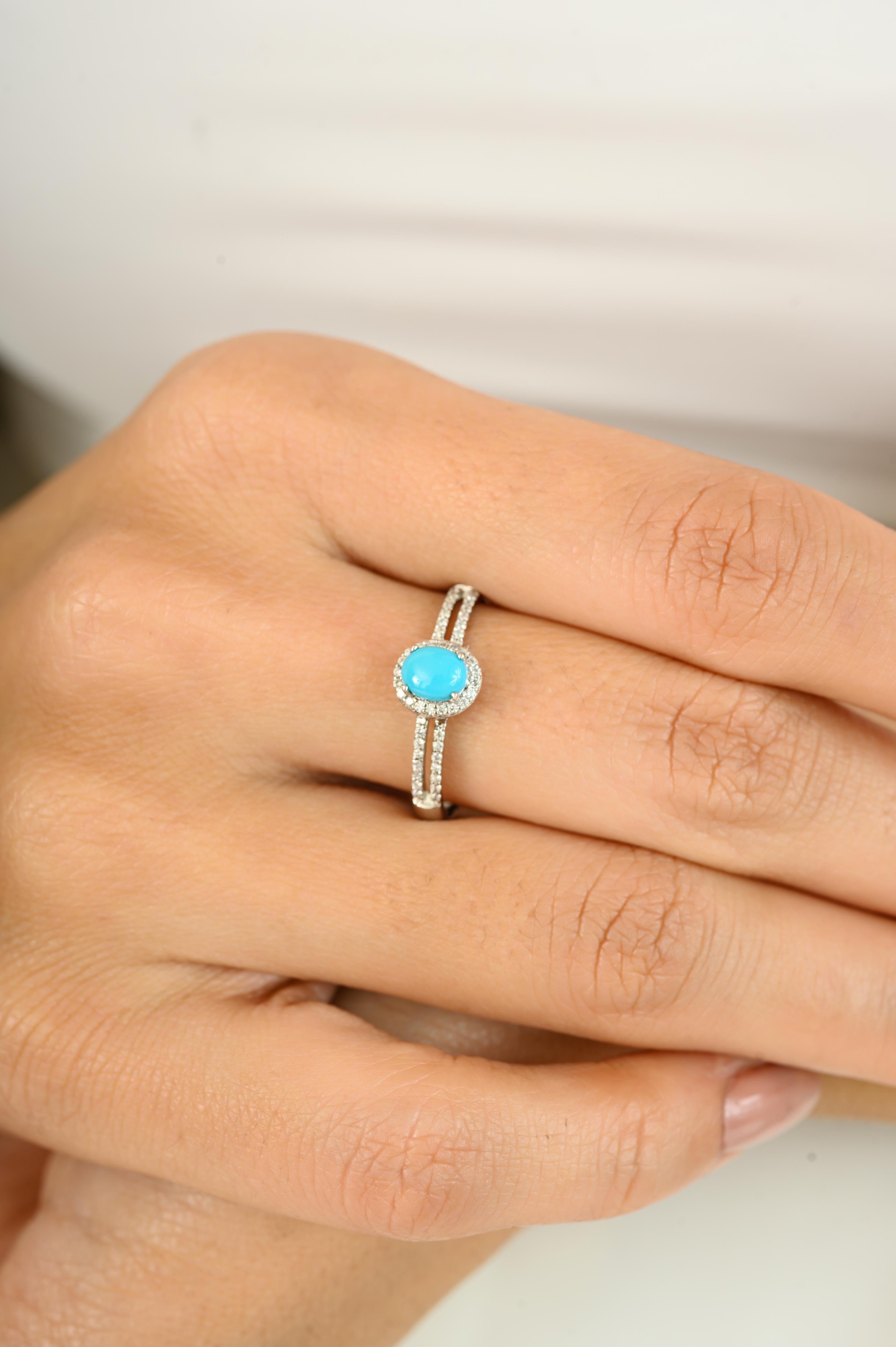 For Sale:  Genuine Cabochon Turquoise Diamond Halo Split Band Ring in 14K White Gold 6