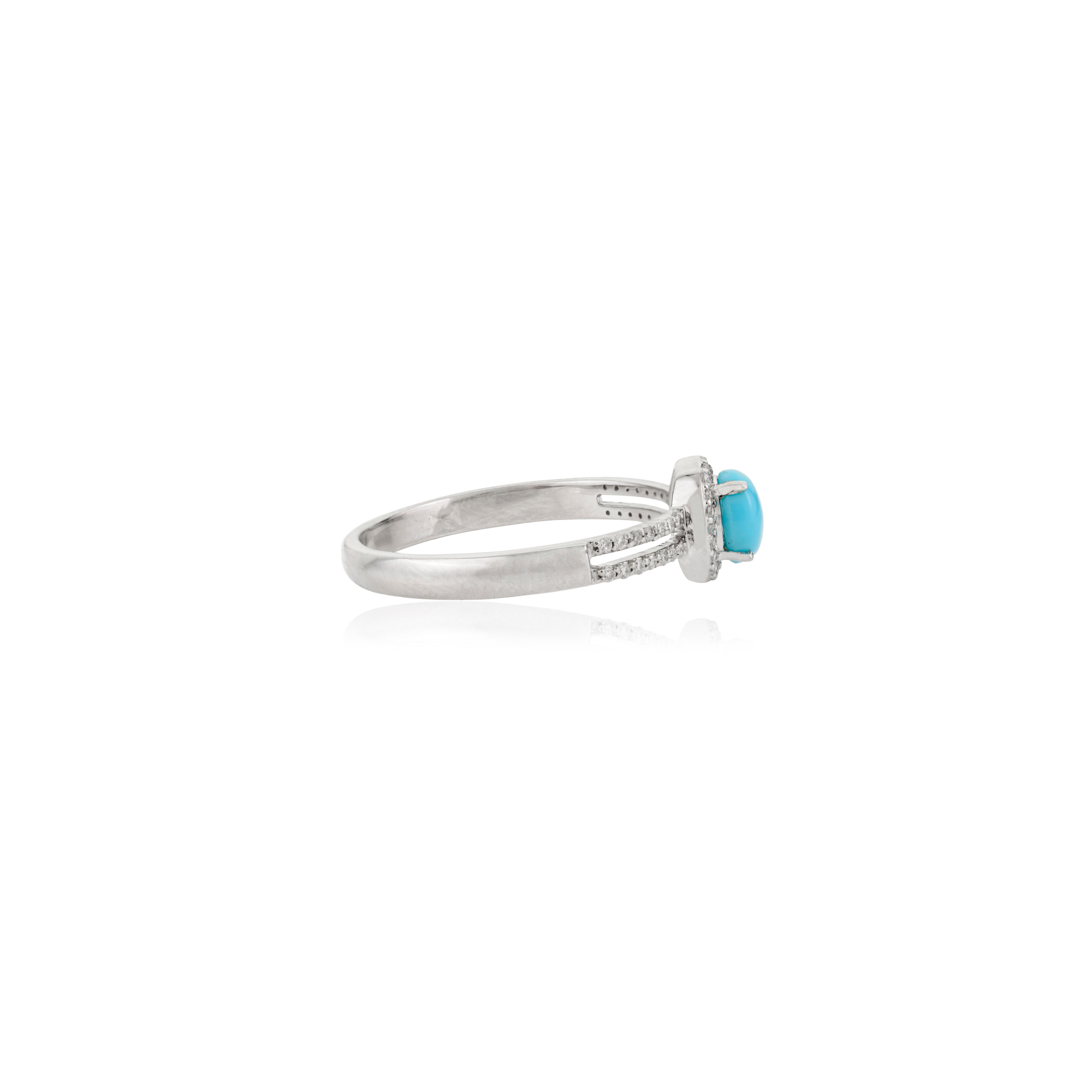 For Sale:  Genuine Cabochon Turquoise Diamond Halo Split Band Ring in 14K White Gold 7
