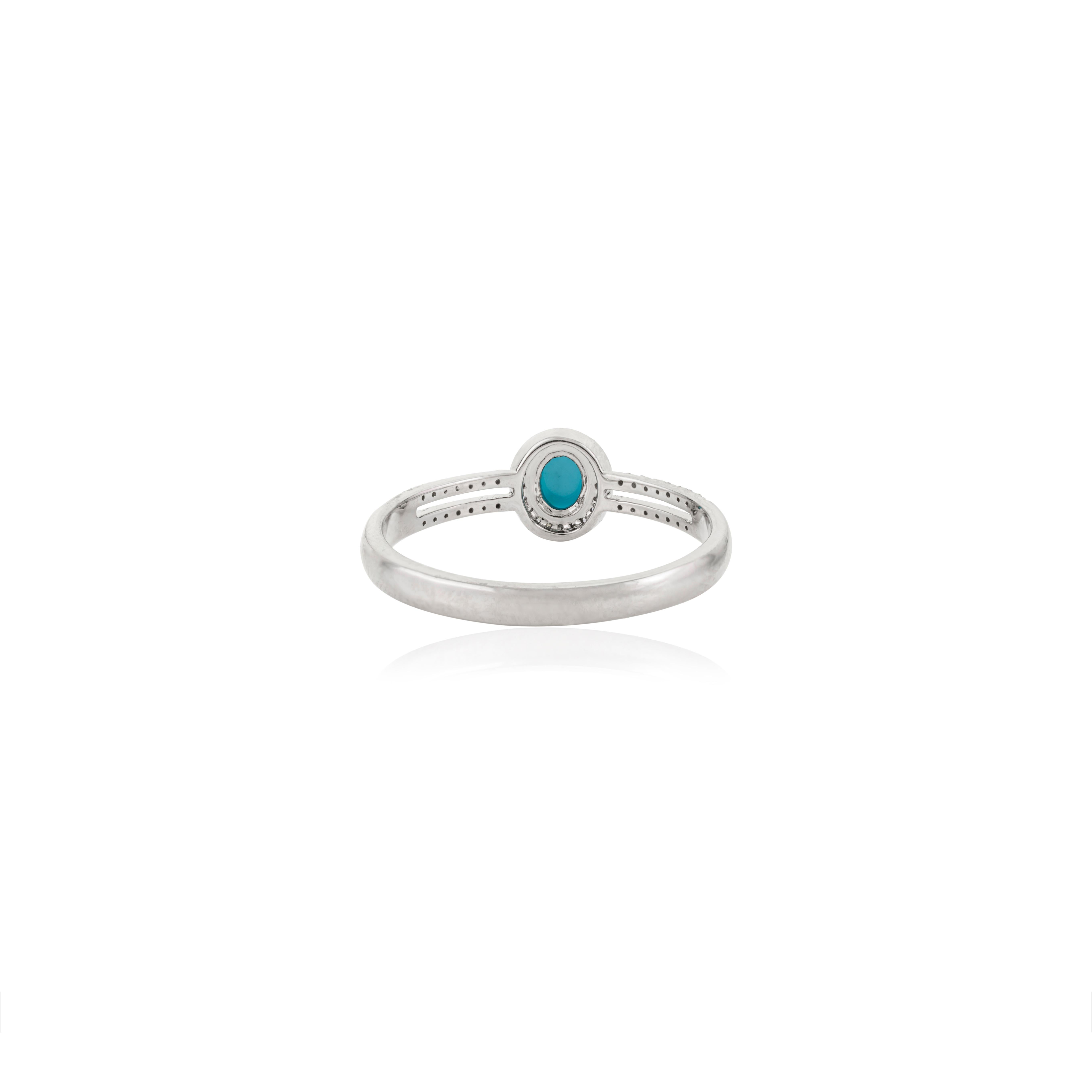 For Sale:  Genuine Cabochon Turquoise Diamond Halo Split Band Ring in 14K White Gold 8