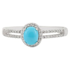 Genuine Cabochon Turquoise Diamond Halo Split Band Ring in 14K White Gold